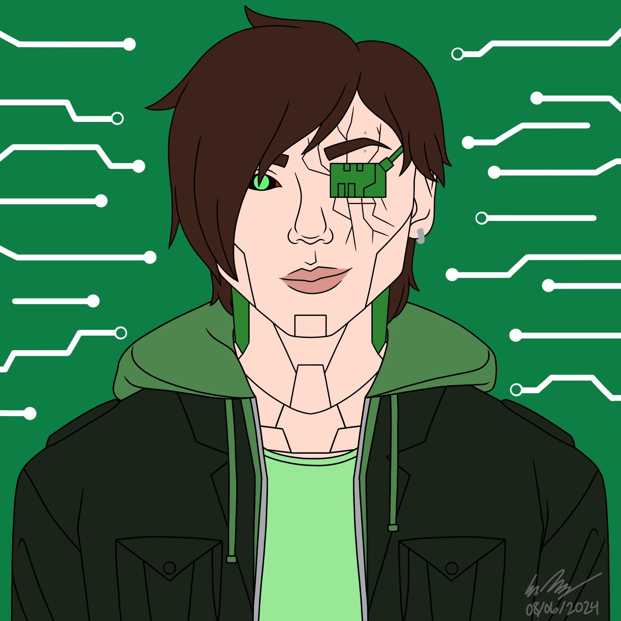 a bust shot of a cyborg. he has brown hair, one green iris with a black sclera (the other is covered by a computer chip-like eye patch). he has pale segmented skin and cracks coming out from underneath the makeshift eye patch. he wears a neon green tee, a darker green hoodie, and almost black green jacket. he is smirking.