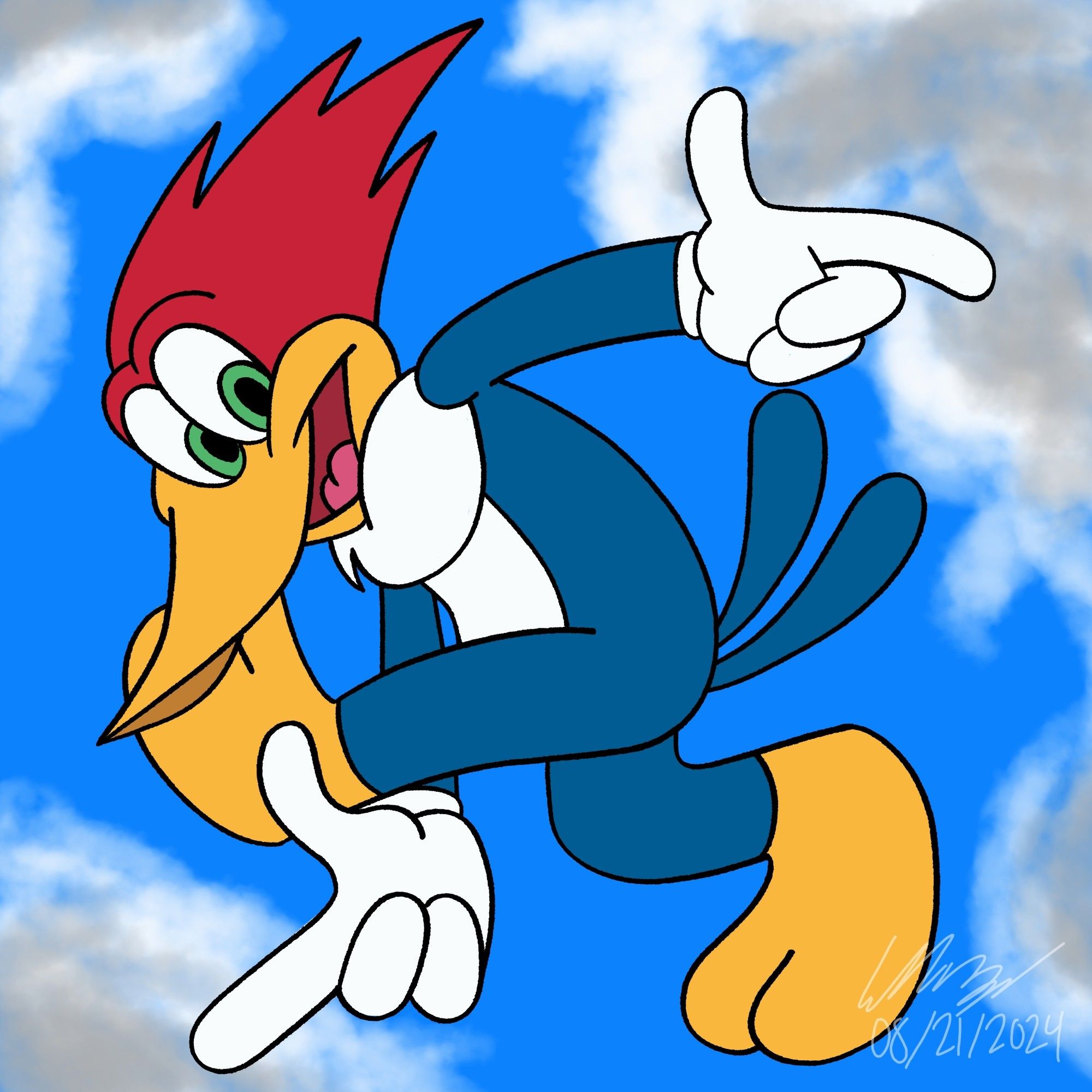 woody the woodpecker in sonic's iconic sonic adventure pose with a cloudy sky as the background