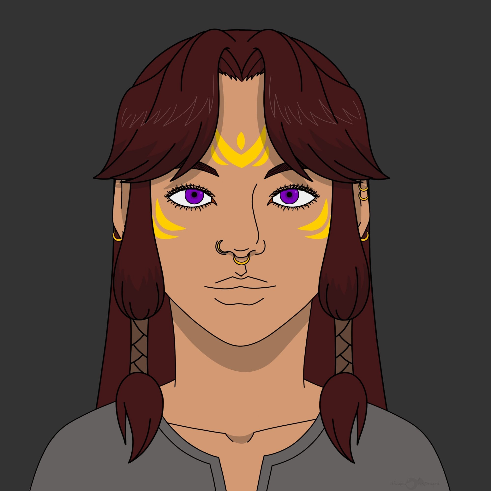 a head shot of an elf woman. she has tan skin, golden yellow facial markings, violet eyes, and red-brown hair. she has a golden hoop in her septum and right nostril, two golden hoops in each lobe, and two golden hoops in her left upper helix. she wears a gray tunic.