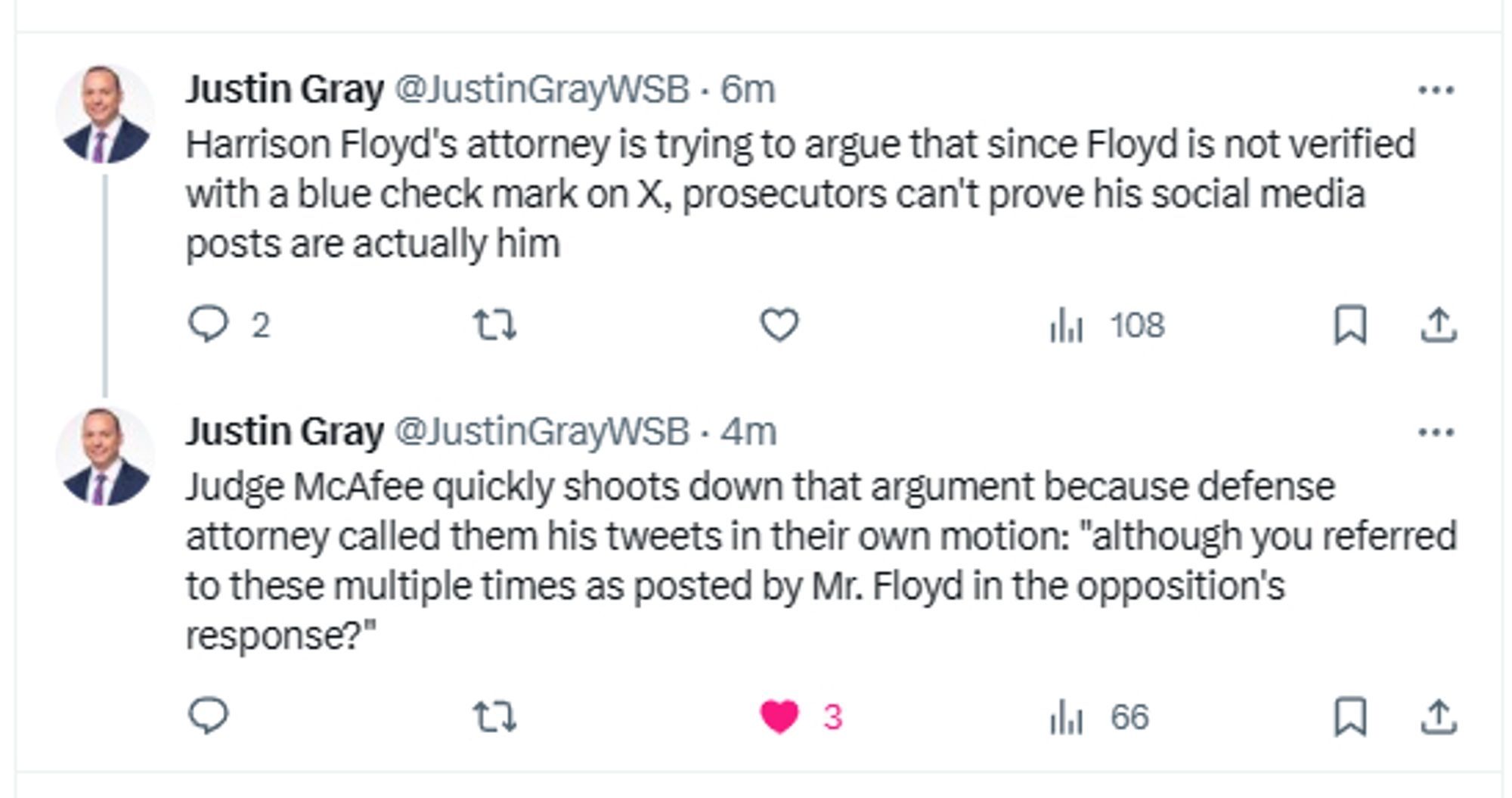 2 tweet thread by Justin Gray @JustinGrayWSB

#1
Harrison Floyd's attorney is trying to argue that since Floyd is not verified with a blue check mark on X, prosecutors can't prove his social media posts are actually him

#2
Judge McAfee quickly shoots down that argument because defense attorney called them his tweets in their own motion: "although you referred to these multiple times as posted by Mr. Floyd in the opposition's response?"