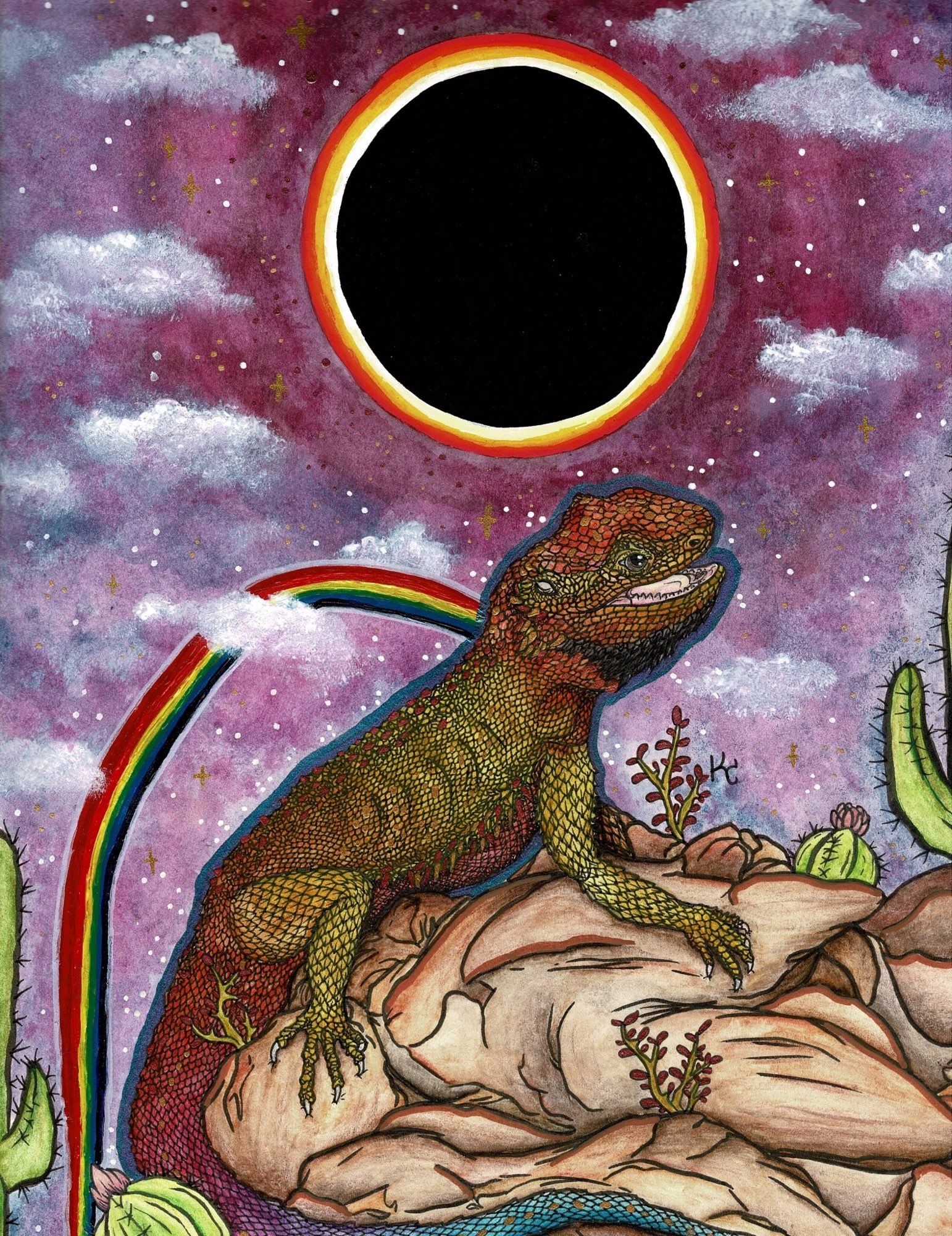 Colorful bearded dragon painting with rainbow and an eclipse