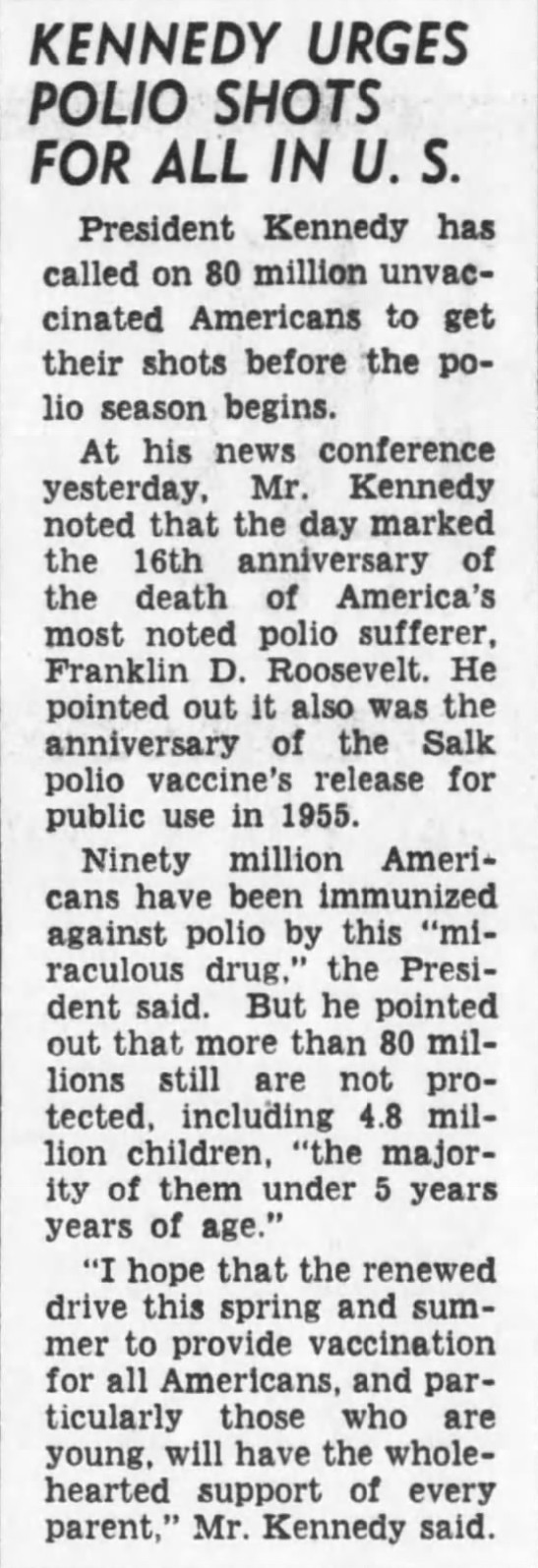 John F. Kennedy urges polio shots for all in U.S.