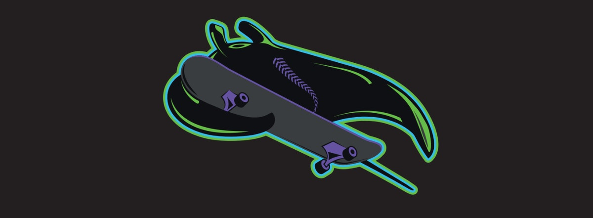 a tampa bay ray (the fish) riding a skateboard. this is an actual official logo for the city connect uniforms.