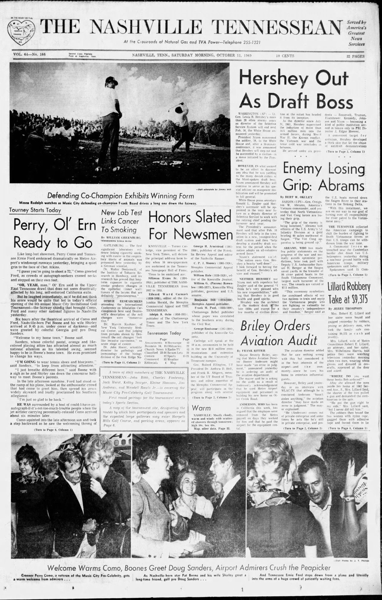 It's October 11, 1969, and the most notable story is "Lab Test Links Cancer To Smoking"