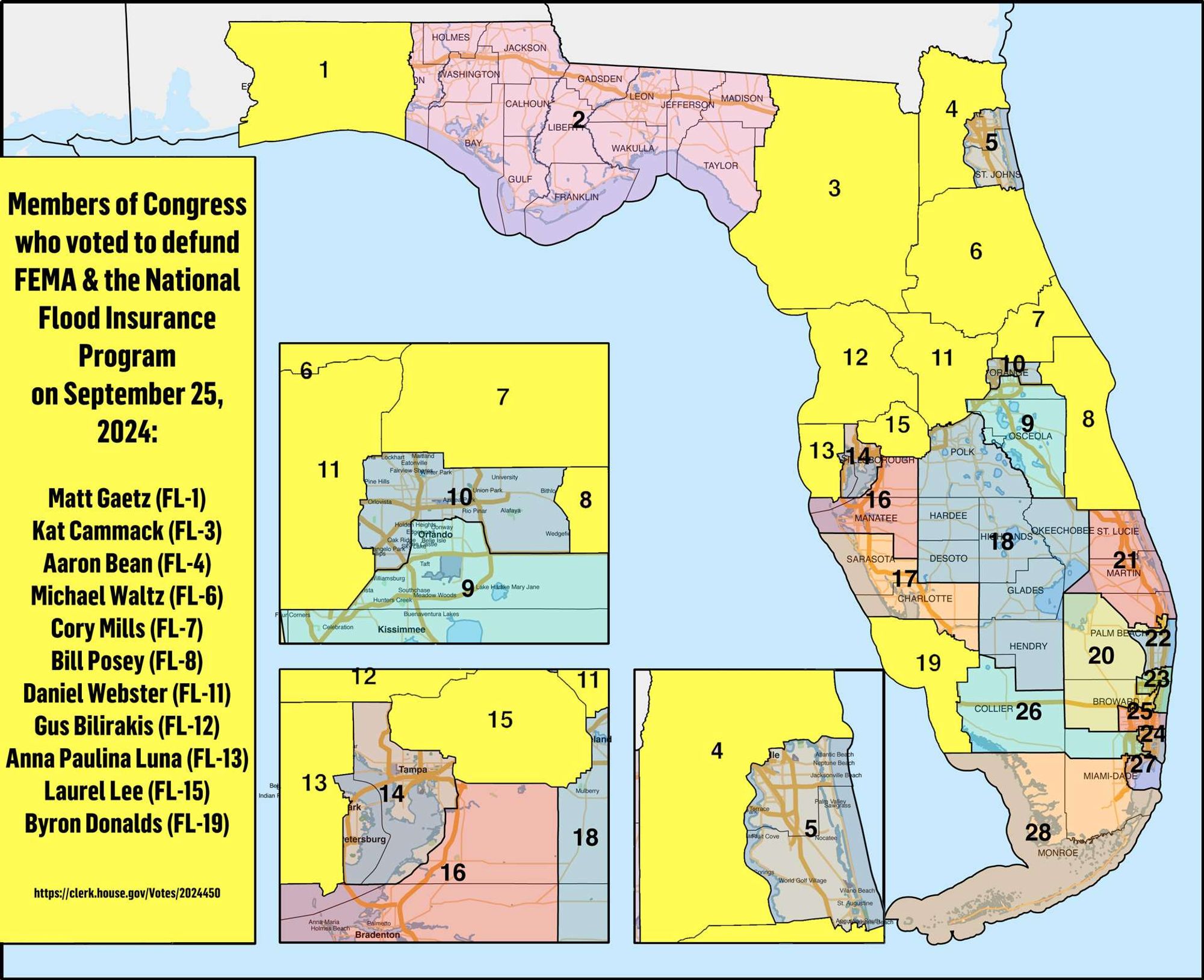 This is a map of florida house members who voted to defund FEMA and the national flood insurance program on September 25, 2024. For the list, see my previous skeet.