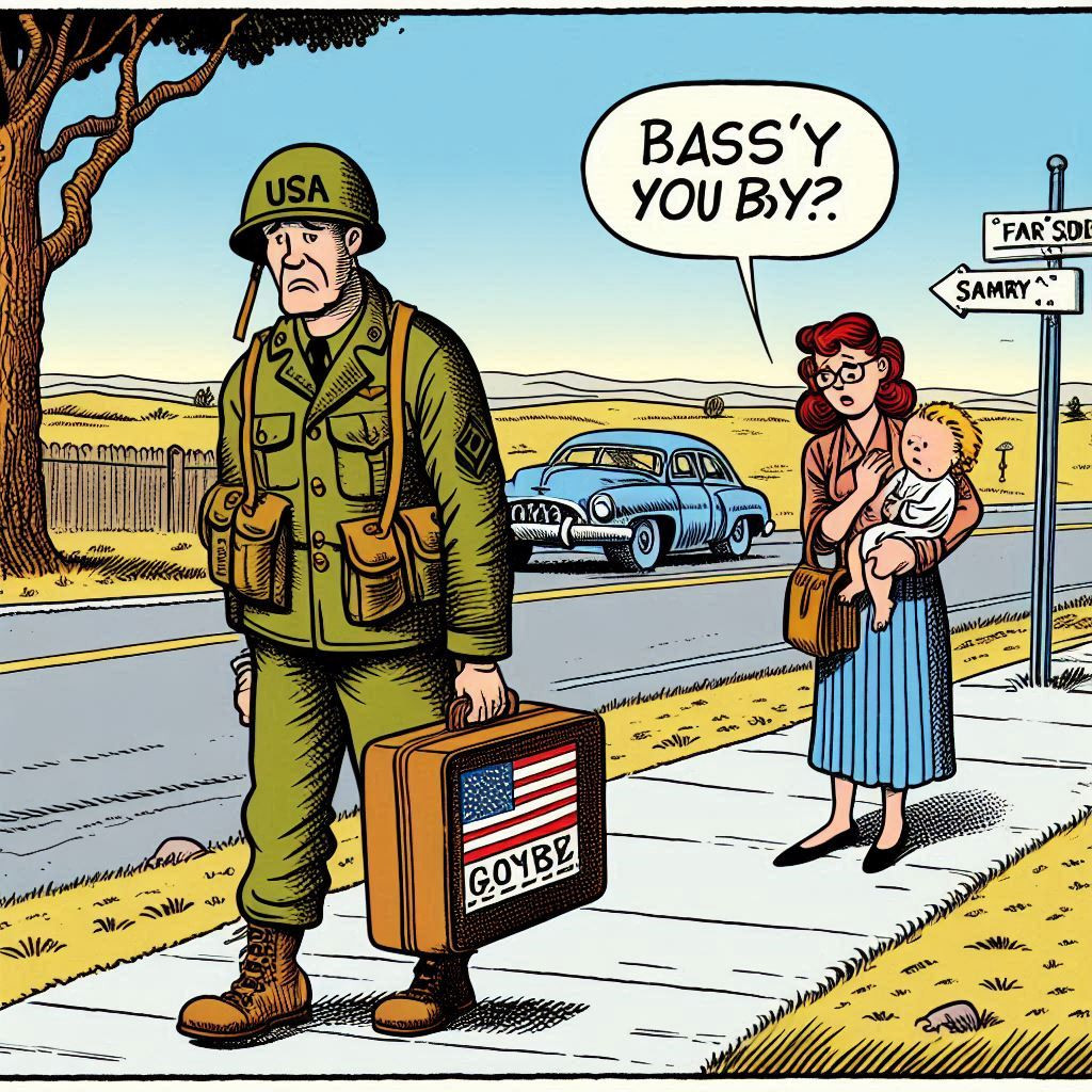 And now here's a Troop with a briefcast and the woman behind him is saying BASS'Y YOU BY? and there is a street sign behind them that says FAR SIDE