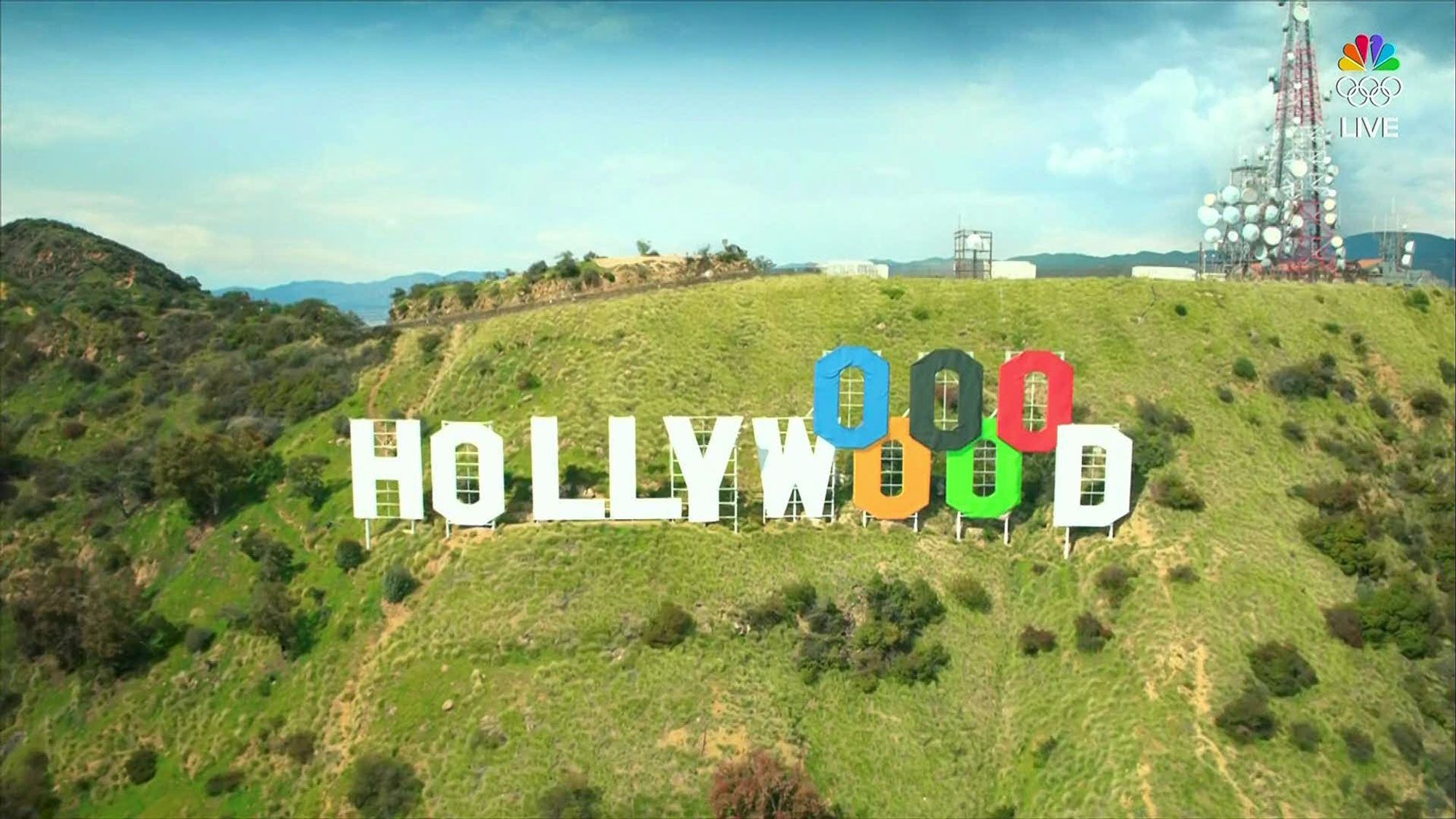 The Hollywood sign, with three additional O's on top, and colored in the olympic rings