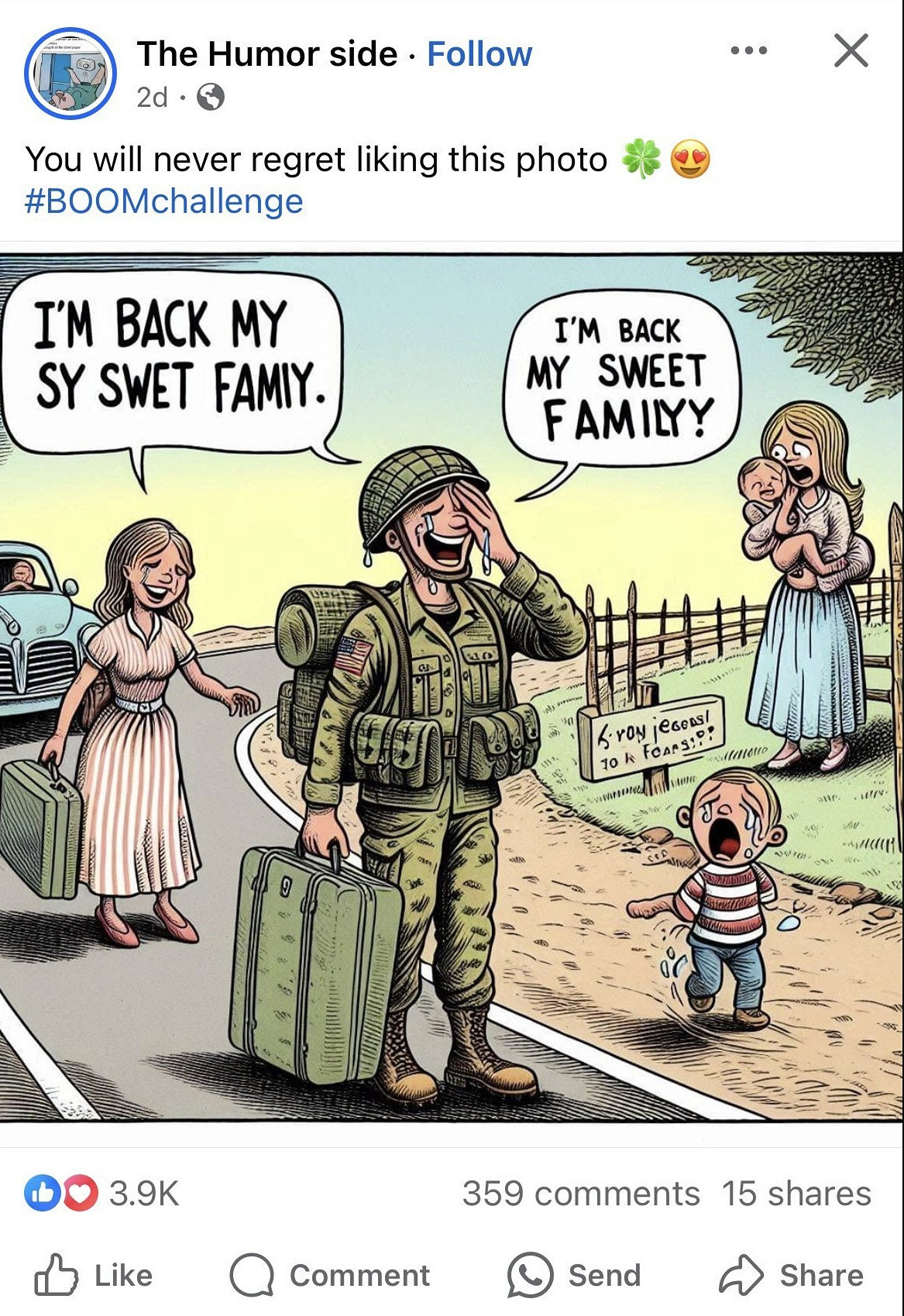 This time the soldier and his. family are white and he says I'M BACK MY SWEET FAMILYY and also a woman behind him with a suitcase is saying I'M BACK BY SY SWET FAMIY and there is a wife i guess with a newborn and then a small child, I think both partners in this marriage were unfaithful by all appearances. it has 359 comments.