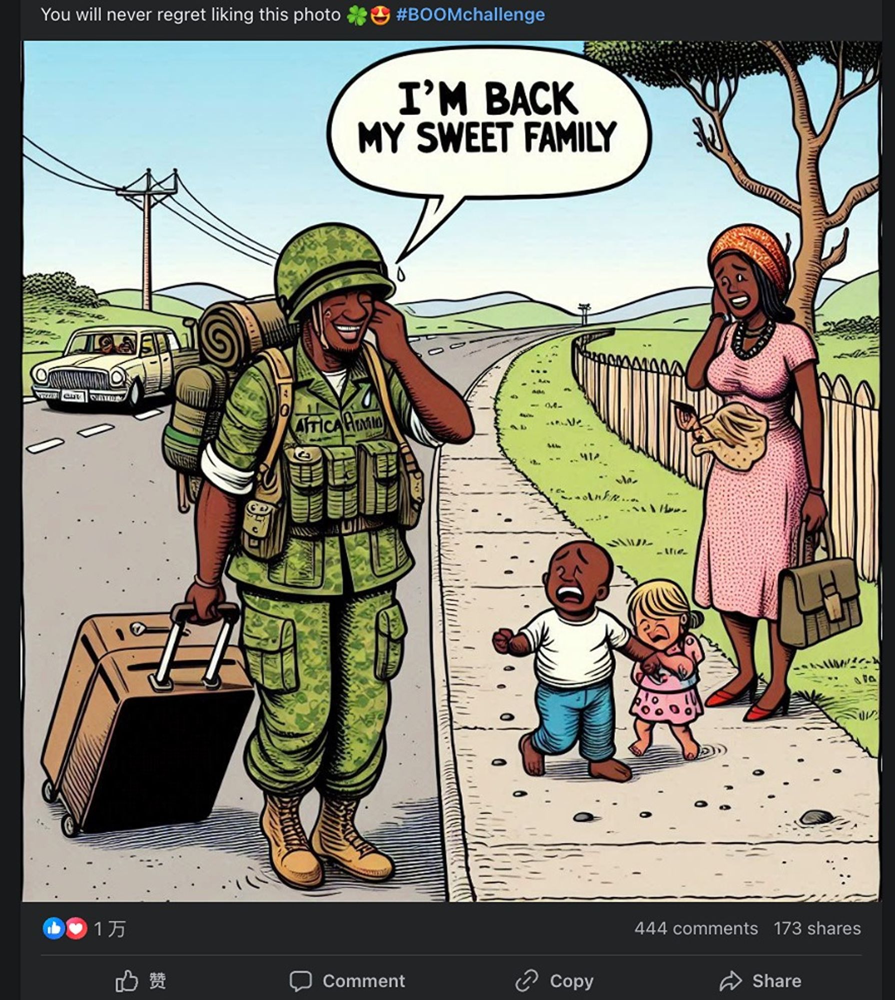 A soldier says I'M BACK MY SWEET FAMILY and he has a suitcase. The family is happy to see him, they're a Black family but the infant is white, stop asking questions