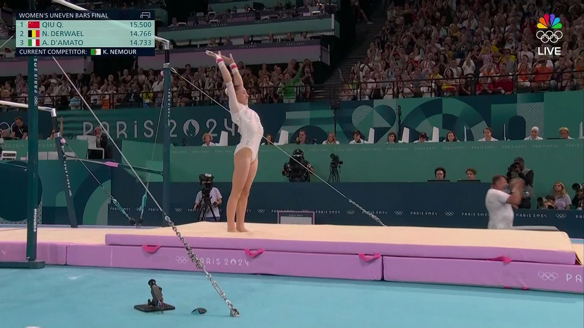 Kalia Neymour representing Algeria in the moments after completing her gold medal winning uneven bars routine. She is in shock, in tears, unexplainable emotions.