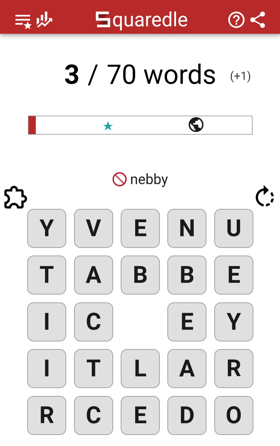 An online word building puzzle indicating that it did not regard "nebby" as a word. It is totally a word.