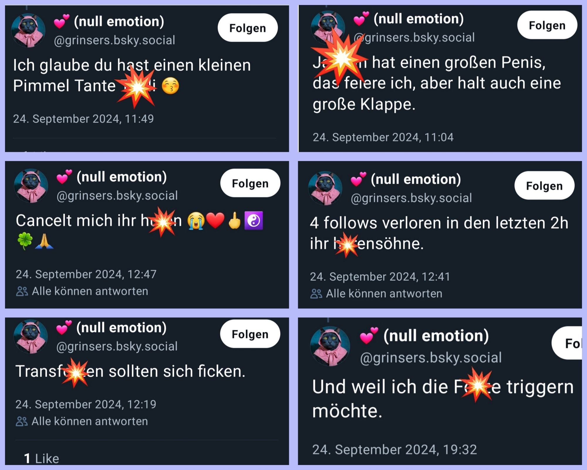 Screenshots mit Posts von grinsers mit transfeindlichen Aussagen und misogynen Slurs.