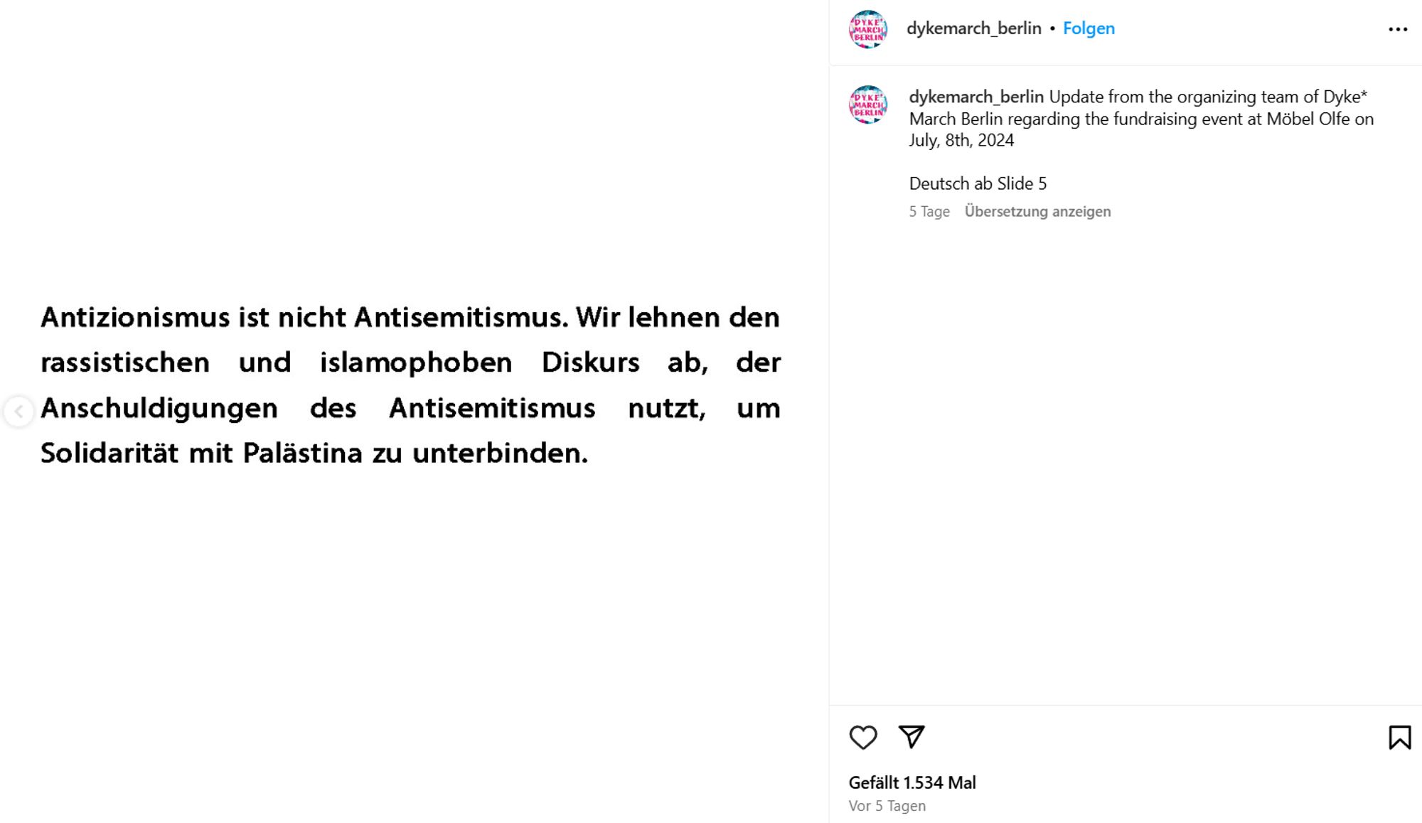 Screenshot der Instagramseite von DykeMarch Berlin mit dem Text: "Antizionismus ist nicht Antisemitismus. Wir lehnen den rassistischen und islamophoben Diskurs ab, der Anschuldigungen des Antisemitismus nutzt, um Solidarität zu unterbinden."