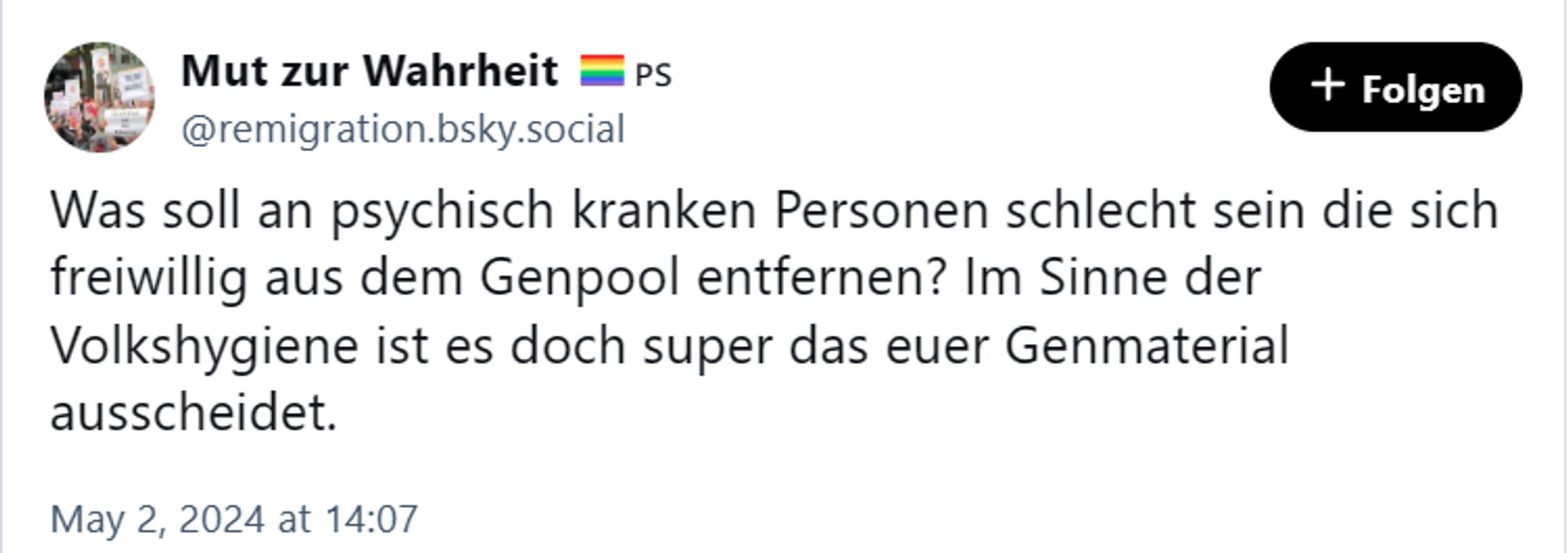 Was soll an psychisch kranken Personen schlecht sein die sich freiwillig aus dem Genpool entfernen? Im Sinne der Volkshygiene ist es doch super das euer Genmaterial ausscheidet.