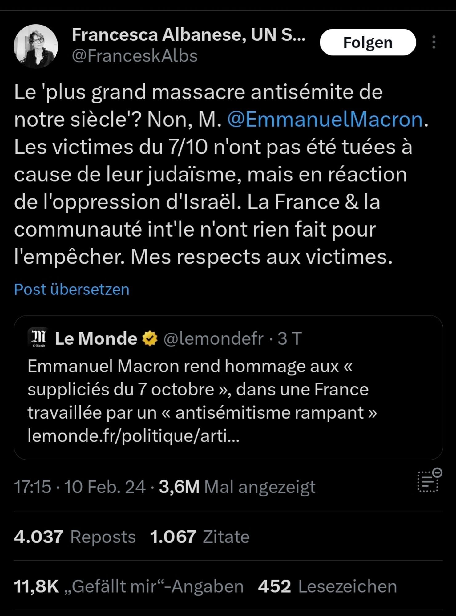 Screenshot eines Tweets von Francesca Albanese auf französisch, indem sie aussagt, dass die Massaker durch die Hamas am  7. Oktober nicht antisemitisch gewesen seien, sondern eine Reaktion auf die Unterdrückung durch Israel.