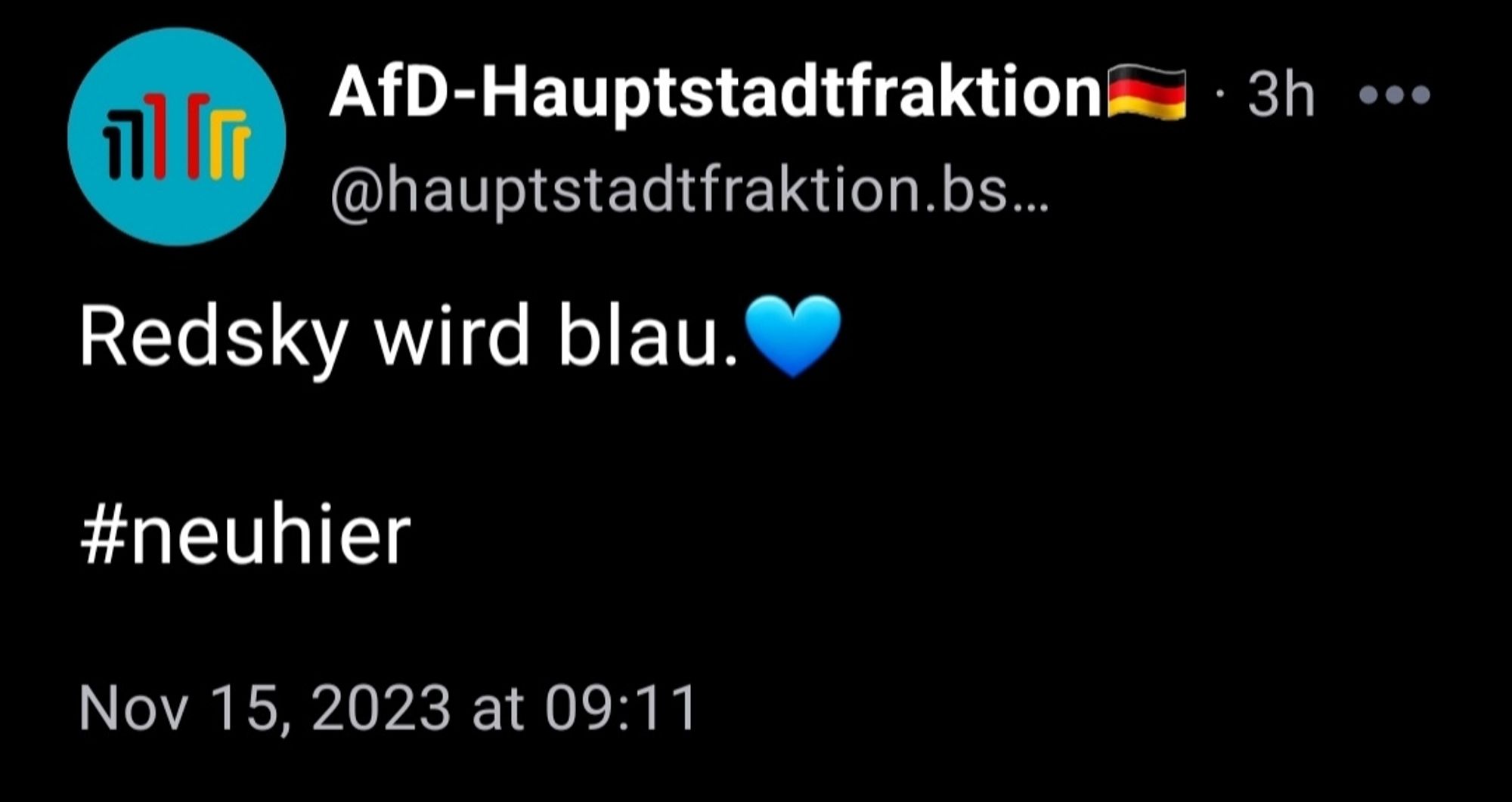 Screenshot eines Skeets der AfD aka @hauptstadtfraktion.bsky.social: Redsky wird blau