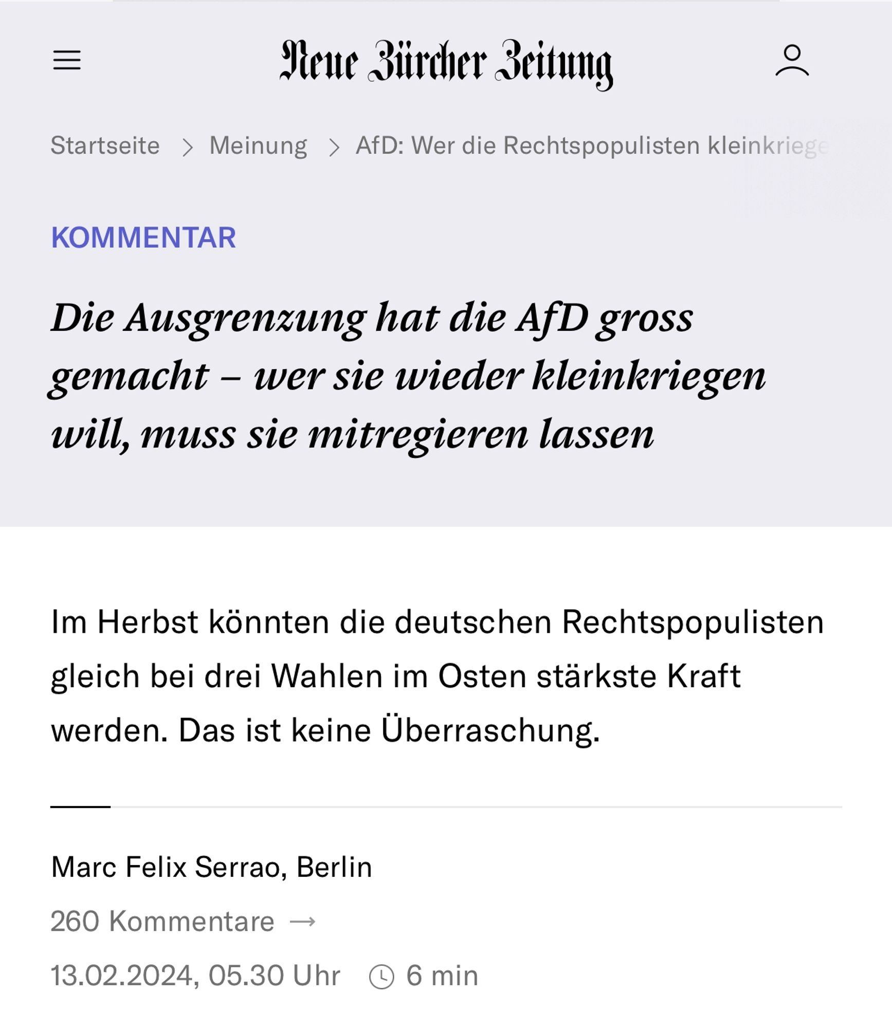 NZZ-Artikel von Marc Felix Serrao: "Die Ausgrenzung hat die AfD groß gemacht -wer sie wieder kleinkriegen will, muss sie mitregieren lassen".