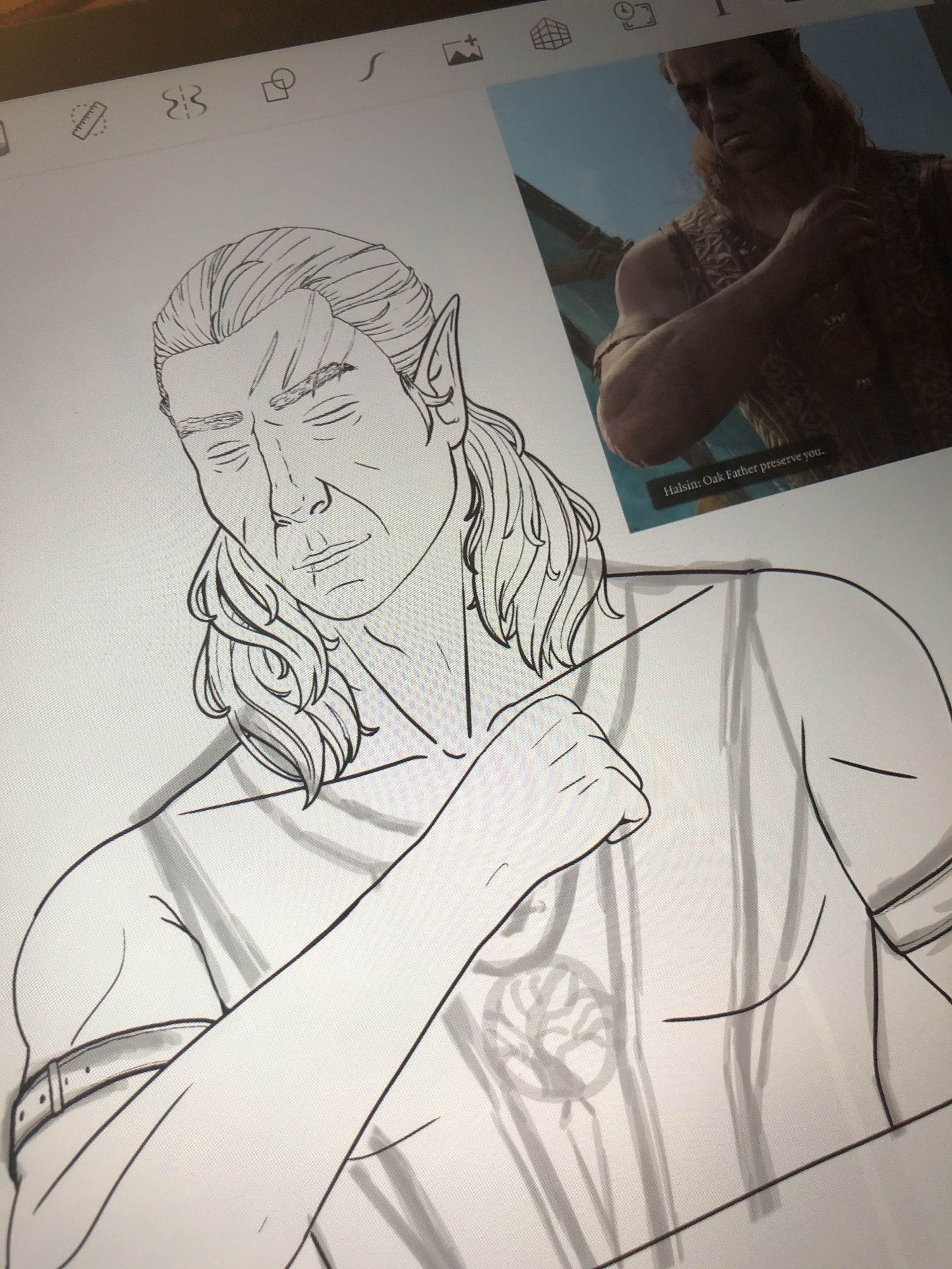 A photograph of a work-in-progress digital art on a tablet, showing a lineart piece of Halsin from Baldur's gate 3, a buff wood elf druid. He is holding his fist across his chest as a sign of respect.