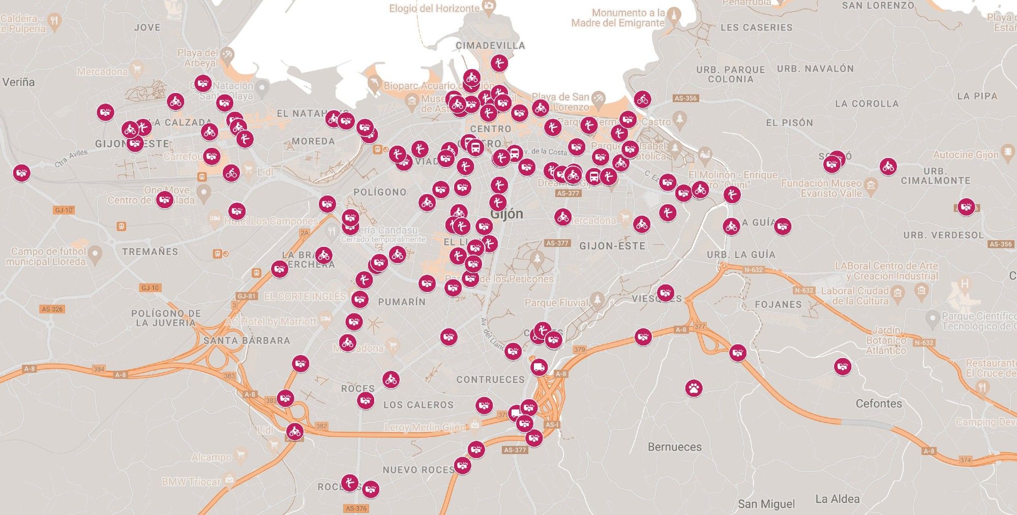 Mapa de Gijón con iconos que indican los puntos en los que la prensa ha reportado un accidente. Muy concentrados en calles principales y el centro.