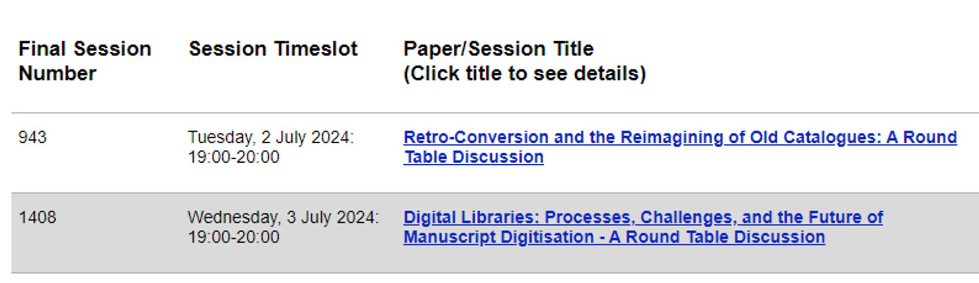 Snapshot of the scheduled timeslots for two Round Table sessions at the Leeds IMC 2024, both involving discussion on medieval manuscripts and digitial catalogues and libraries