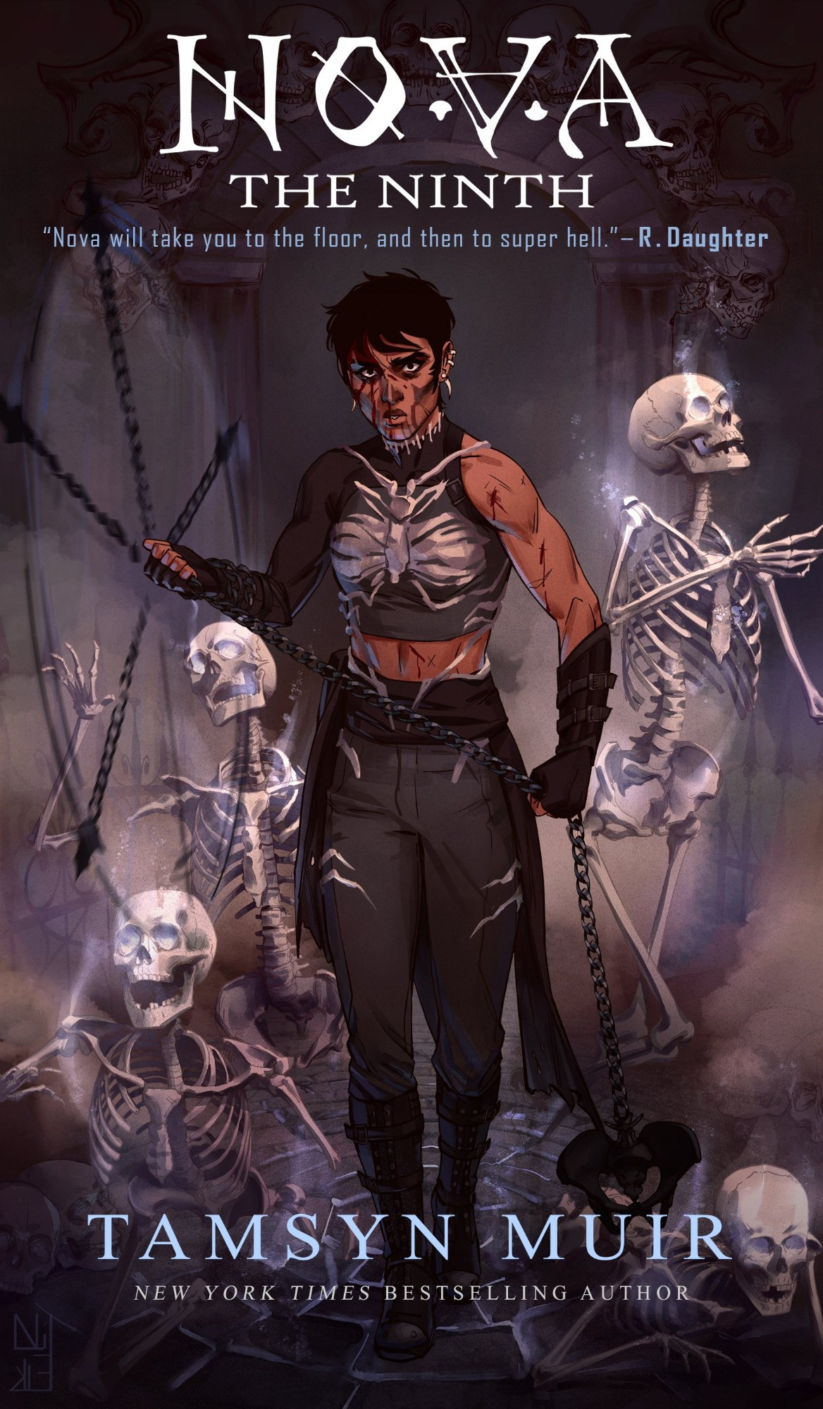 Harrow Nova from The Locked Tomb book series by Tamsyn Muir. Text overlay mimicking the book covers. Nova is flanked by two skeletons on each side. 