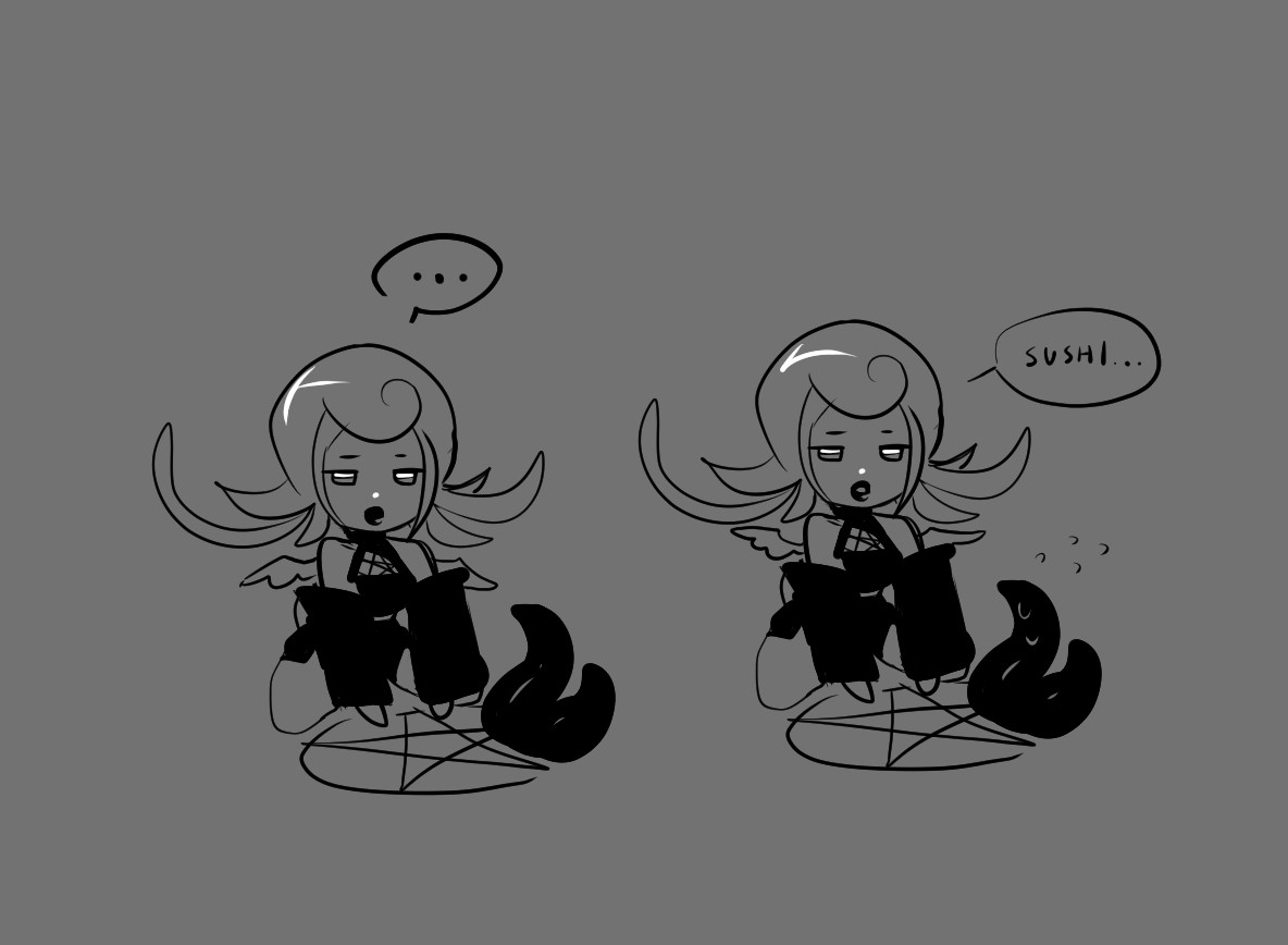 The dodo girl from the previous image regards the tentacle creature with apathy and says "sushi"