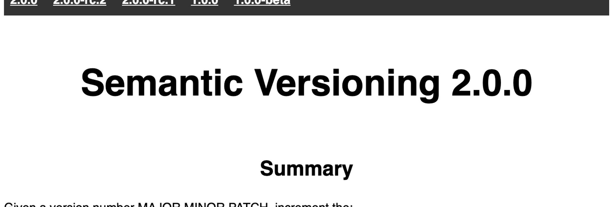 A screenshot of the title of an online white paper: "Semantic Versioning 2.0.0"