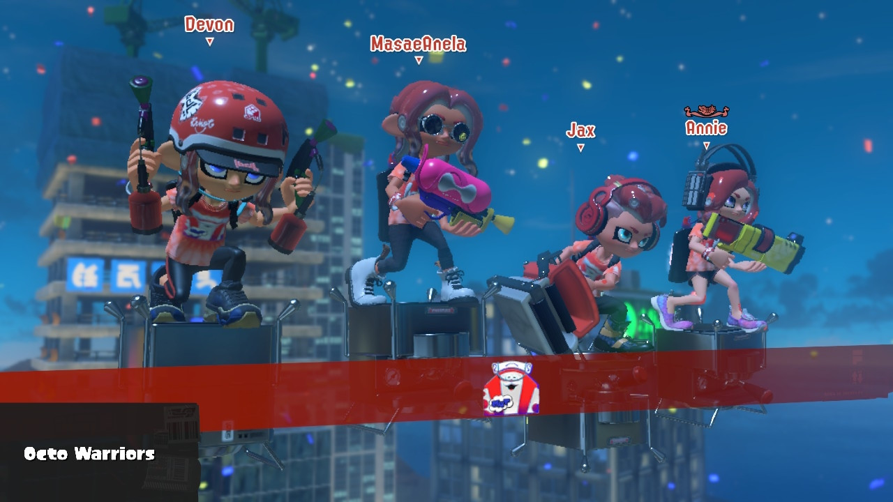 A screenshot of Splatoon 3, there are four octoling characters ready for the match to start. In the center are MasaeAnela's octoling and to the right is mine, named Jax.