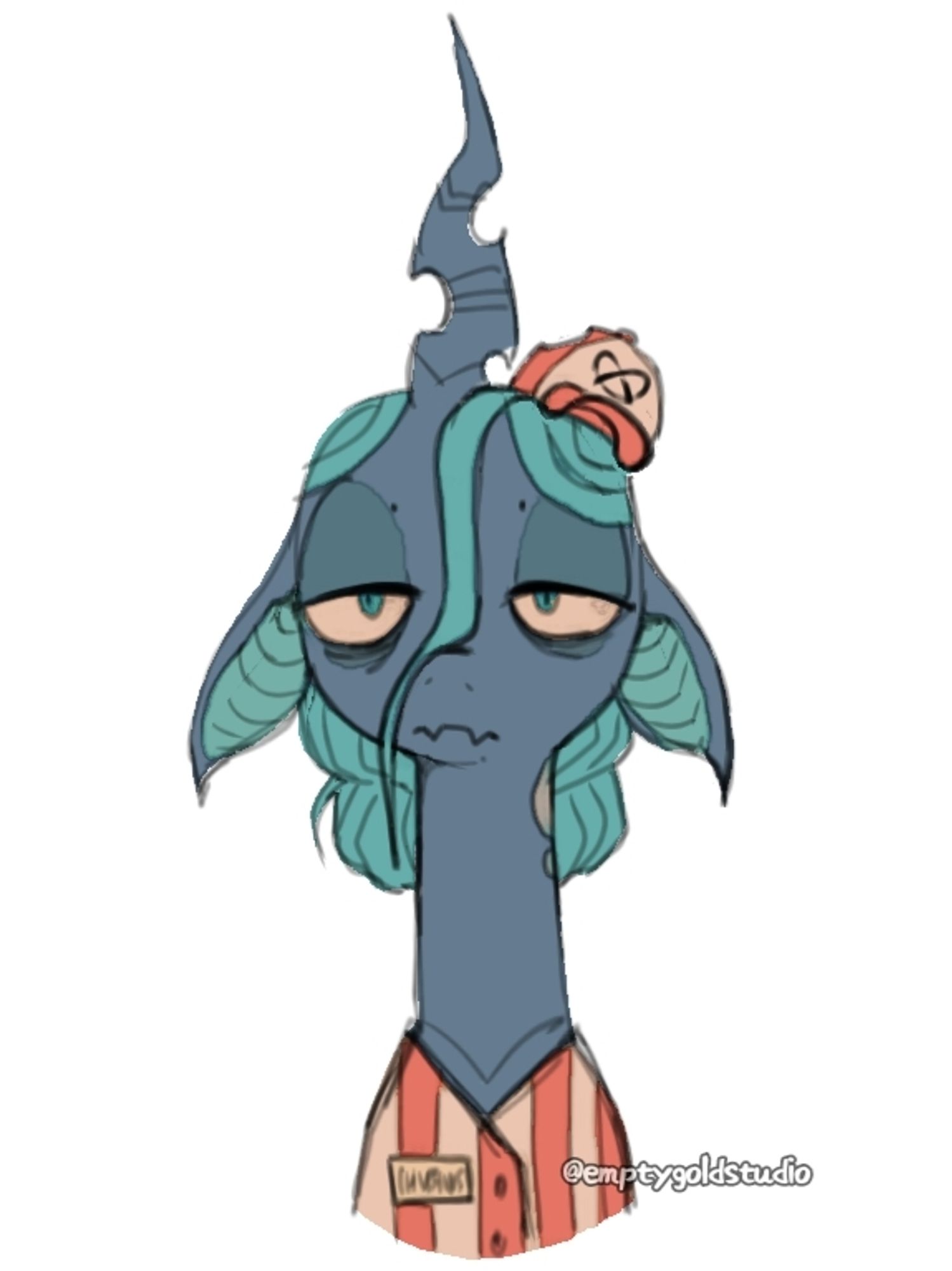 Tired looking queen Chrysalis in the fastfood restaurant worker clothes