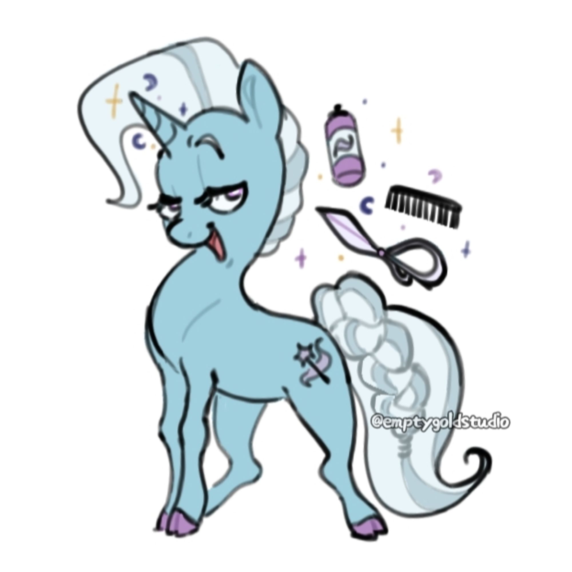 Drawing of Trixie Lulamoon with a scissors, a hair spray and a hair brush. All items are being held by levitation magic