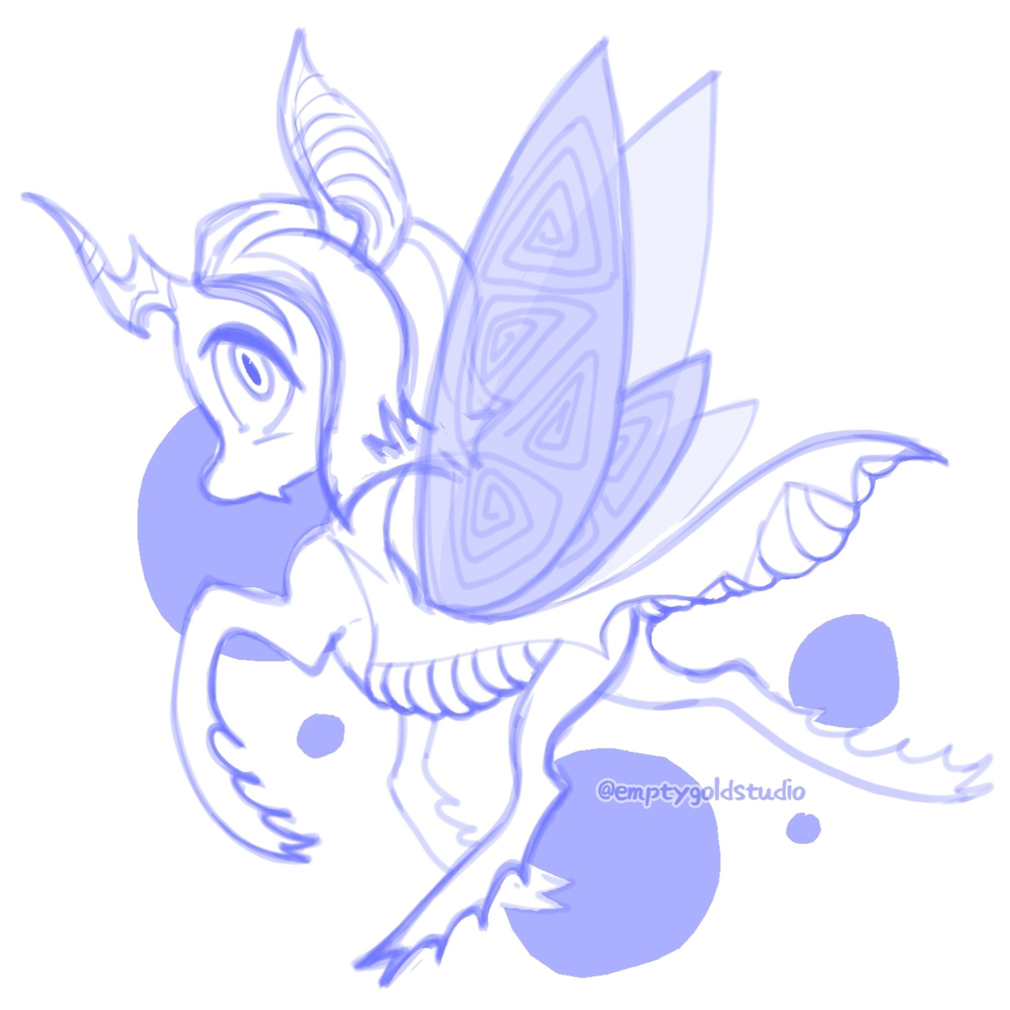 Blue coloured sketch of a changeling queen with butterfly wings and circles on the background