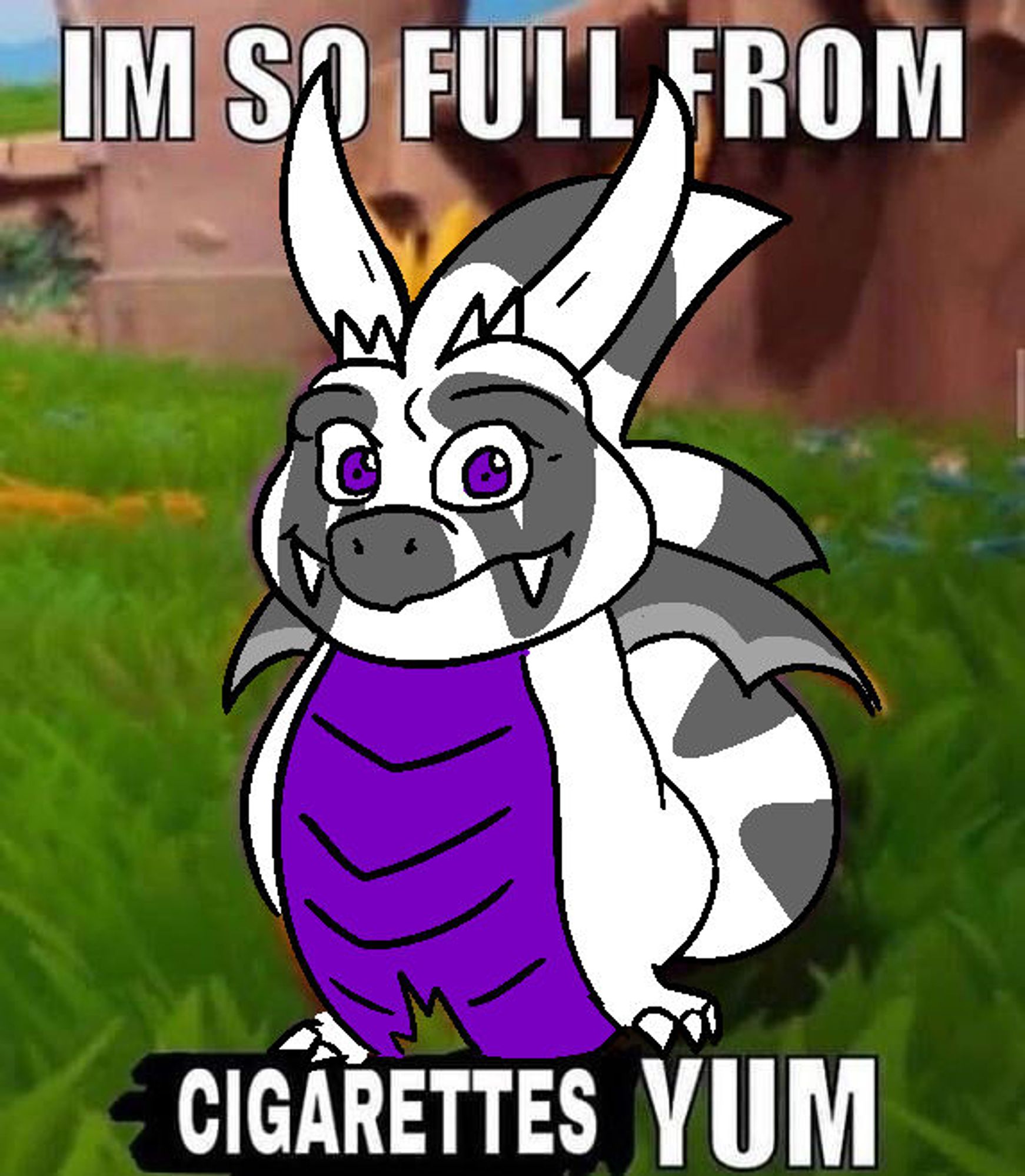 a traced drawing of Spyro the Dragon that was edited to look fat from all the cigarettes he ate, with text saying IM SO FULL FROM CIGARETTES YUM. "cigarettes" is over some crossed out text but it's unclear what it originally said. Spyro has been replaced with Carbontrap's fursona, Talon, a white dragon with gray stripes and a purple tummy.