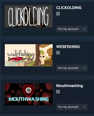 a screenshot from a Steam checkout page, showing three games: CLICKOLDING, WEBFISHING and Mouthwashing