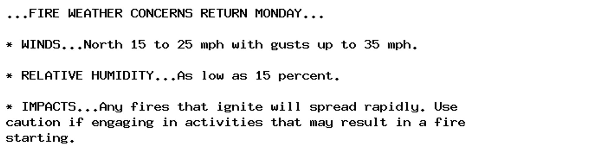 ...FIRE WEATHER CONCERNS RETURN MONDAY...

* WINDS...North 15 to 25 mph with gusts up to 35 mph.

* RELATIVE HUMIDITY...As low as 15 percent.

* IMPACTS...Any fires that ignite will spread rapidly. Use
caution if engaging in activities that may result in a fire
starting.