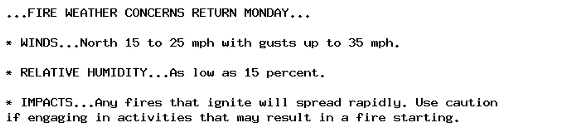 ...FIRE WEATHER CONCERNS RETURN MONDAY...

* WINDS...North 15 to 25 mph with gusts up to 35 mph.

* RELATIVE HUMIDITY...As low as 15 percent.

* IMPACTS...Any fires that ignite will spread rapidly. Use caution
if engaging in activities that may result in a fire starting.