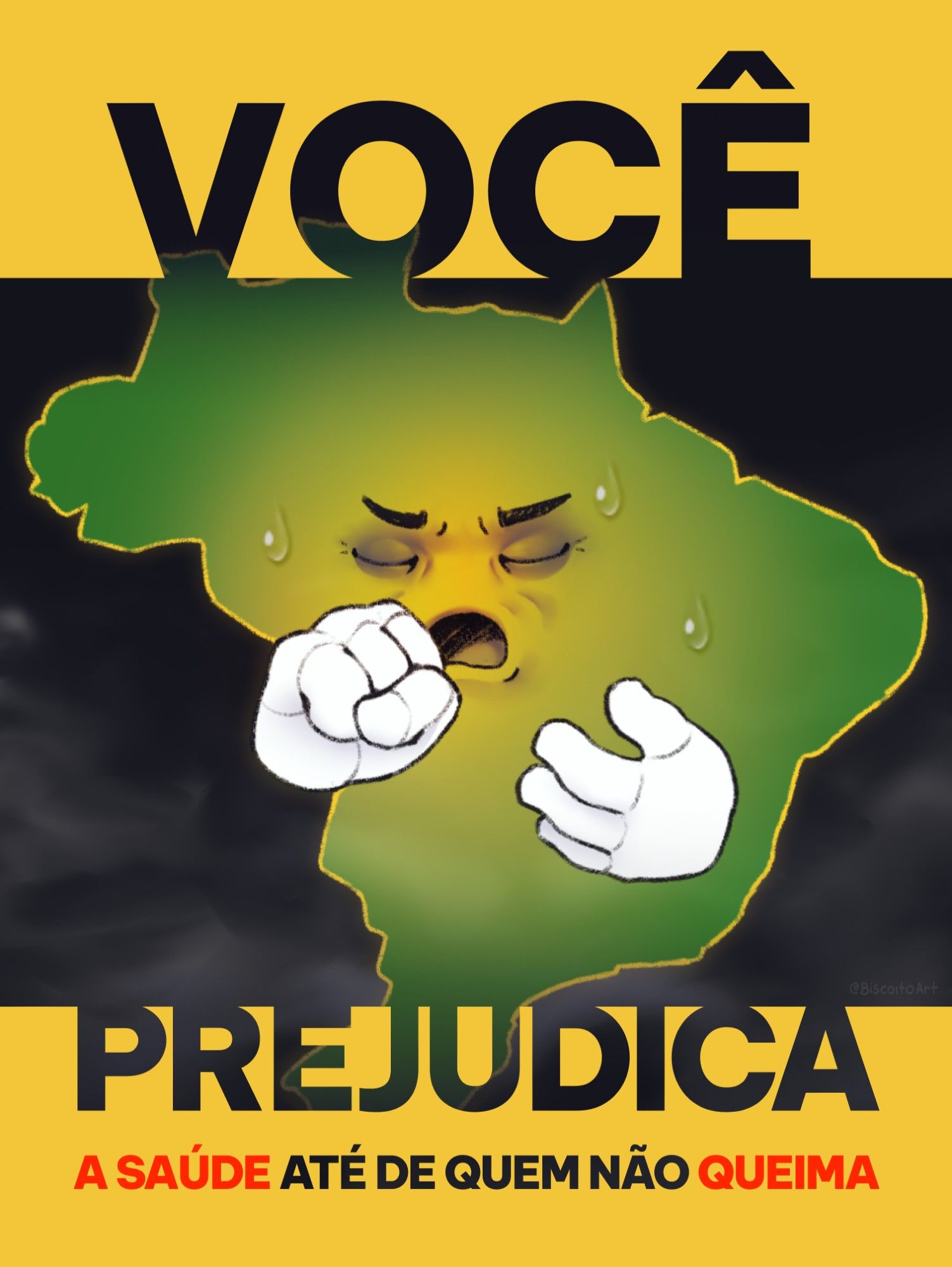 Abordagem sobre as queimadas no Brasil com uma releitura da campanha antitabagismo das caixas de cigarro. O personagem em formato do mapa do Brasil tosse, acompanhado da legenda: "Você prejudica a saúde até de quem não queima"