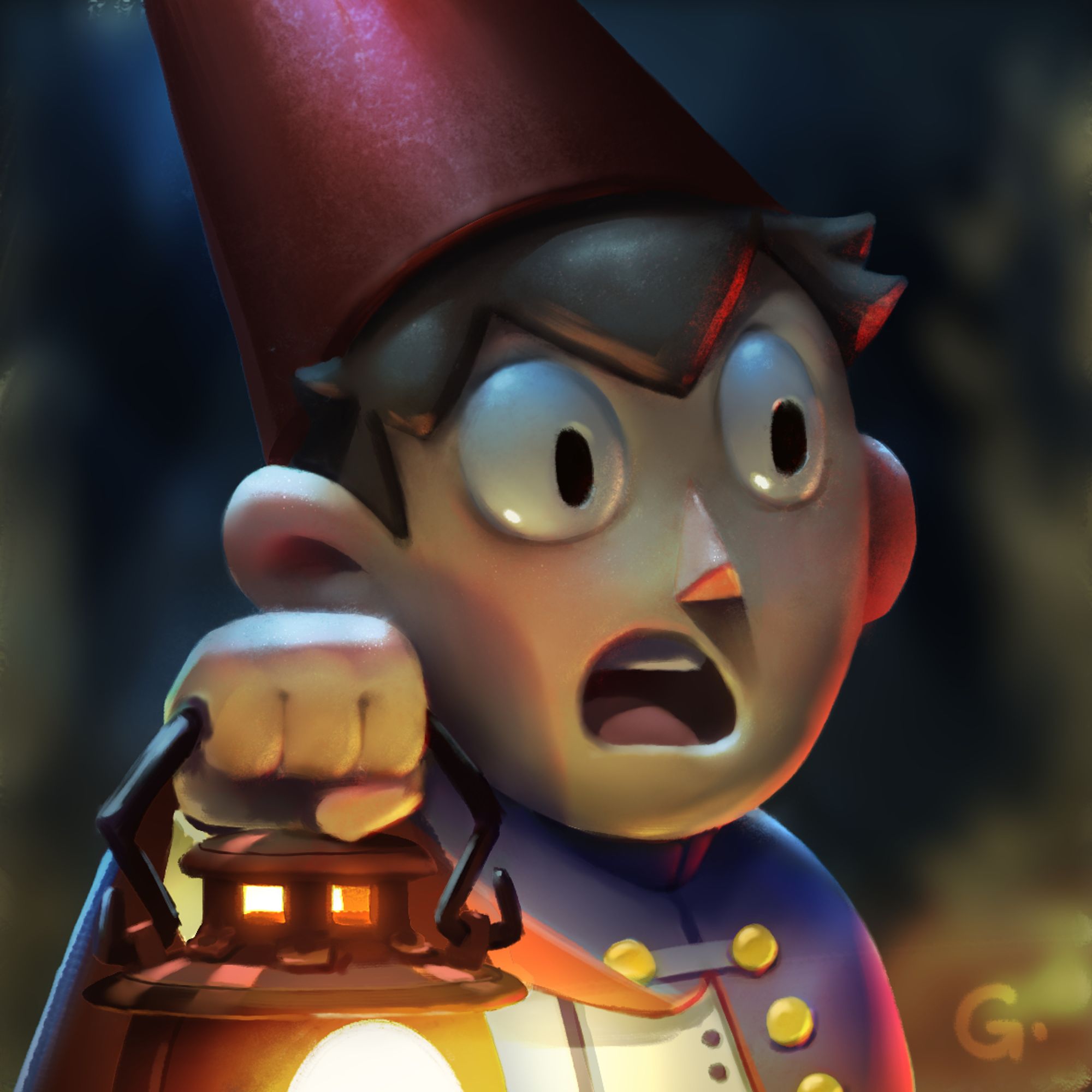 Ilustração de Wirt, personagem de O Segredo Além do Jardim - Possui um chapéu cônico vermelho, segura uma lanterna a óleo enquanto olha para a esquerda com olhar de espanto. A pintura digital é renderizada para parecer com 3D, com transições de luz e sombra suaves.