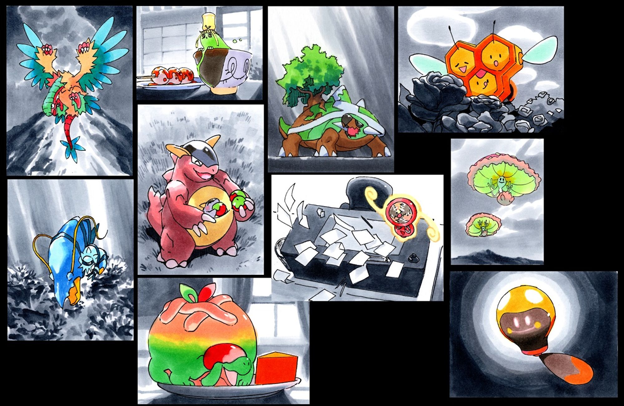 10 illustrations of pokemon - each one features the 'mon in full color with a greyscale background! 

a colorful dinosaur in front of a volcano, sentient tea next to dango treats, a large dino with a tree on its back soaking in sunlight, a honeycomb bee smelling flowers, a shrimp with a giant claw near some coral, a mother sharing fruit with the child in their pouch, a ghost fan blowing papers off a desk, mushroom creatures floating through the air, an apple pie dino next to cheese on a plate, and a flying lightbulb lighting up their surroundings