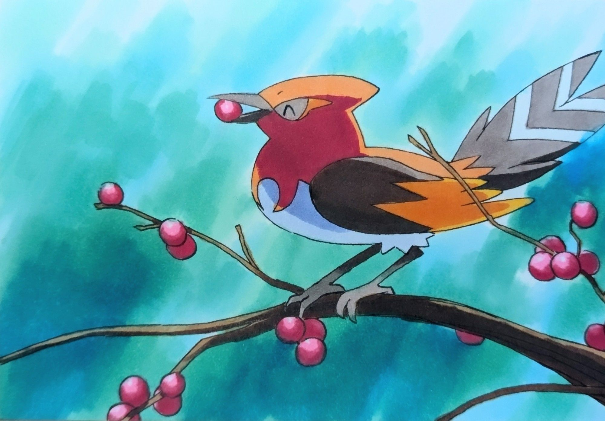 illustration of a bird pokemon happily eating berries on a branch