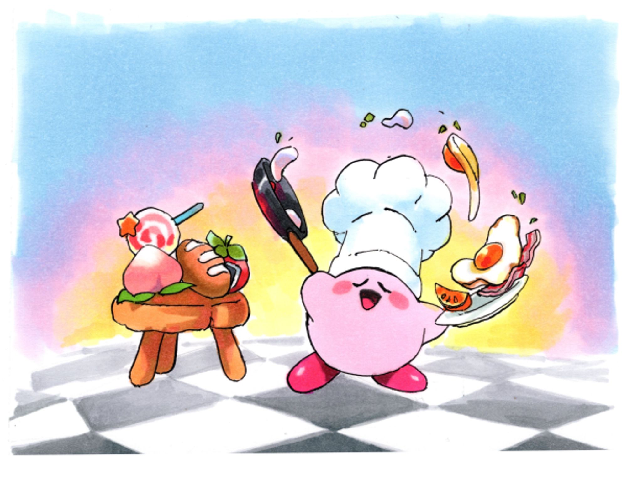 round friend Kirby is tossing bacon and eggs from a frying pan onto a plate. behind them, some food items sit on a little stool