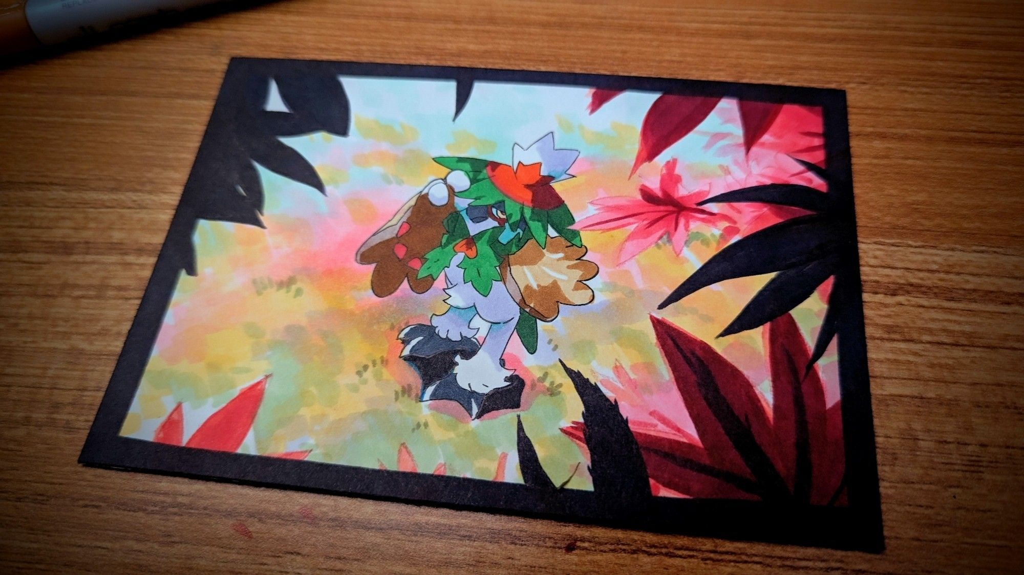 illustration of the pokemon decidueye walking through an autumn forest