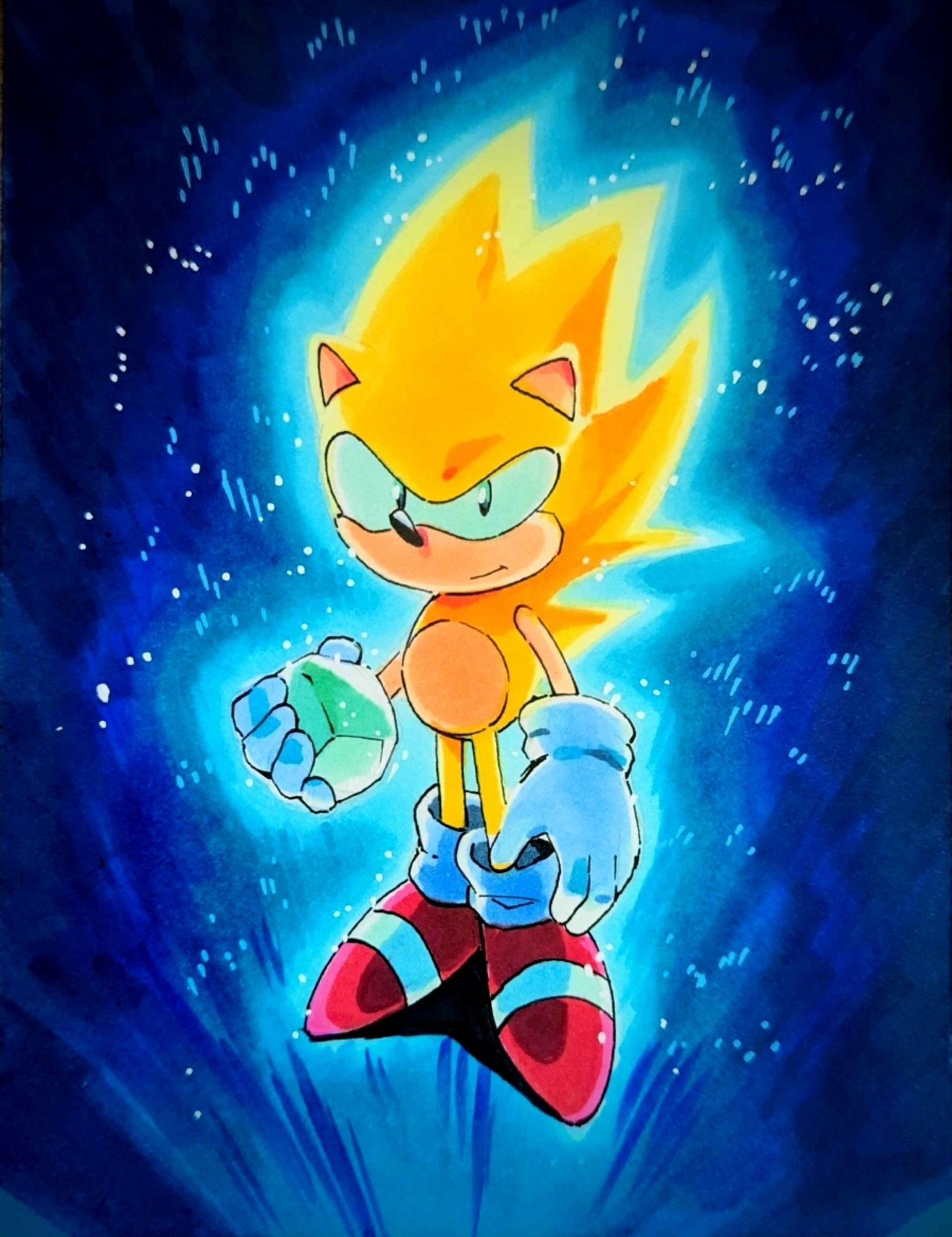 illustration of sonic the hedgehog in his super sonic form - fur of bright gold and a glowing aura surround his body. in his hand is a chaos emerald, the source of his rad-as-heck powers