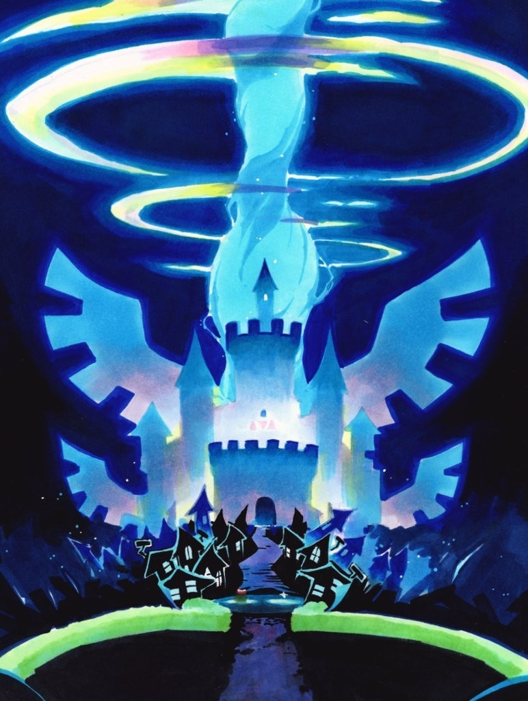 a massive winged castle glows in the darkness. a shadowy town below beckons a new adventure...!

from the castle's core, a soaring beam of energy flows skyward, piercing the clouds