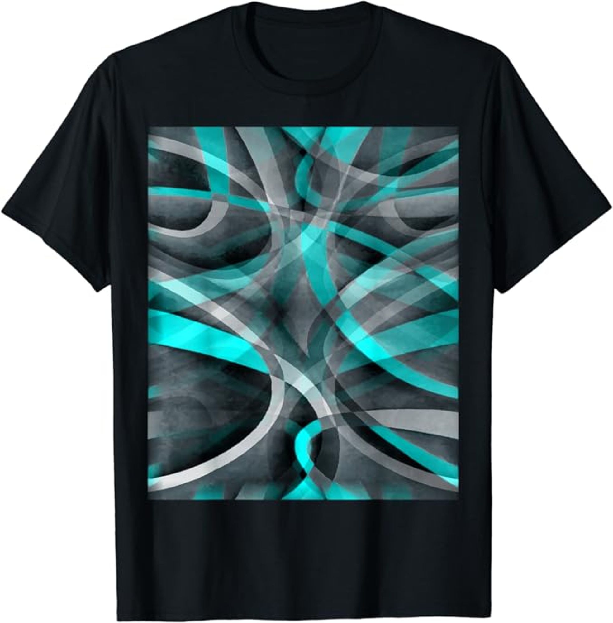 Eighties Turquoise On Grey Abstract Strip Pattern is inspired by the airborne ribbons used by gymnasts. Dynamic red strips swirl over a nearly black background. A retro-modern pattern of rotation ideal for abstract art lovers