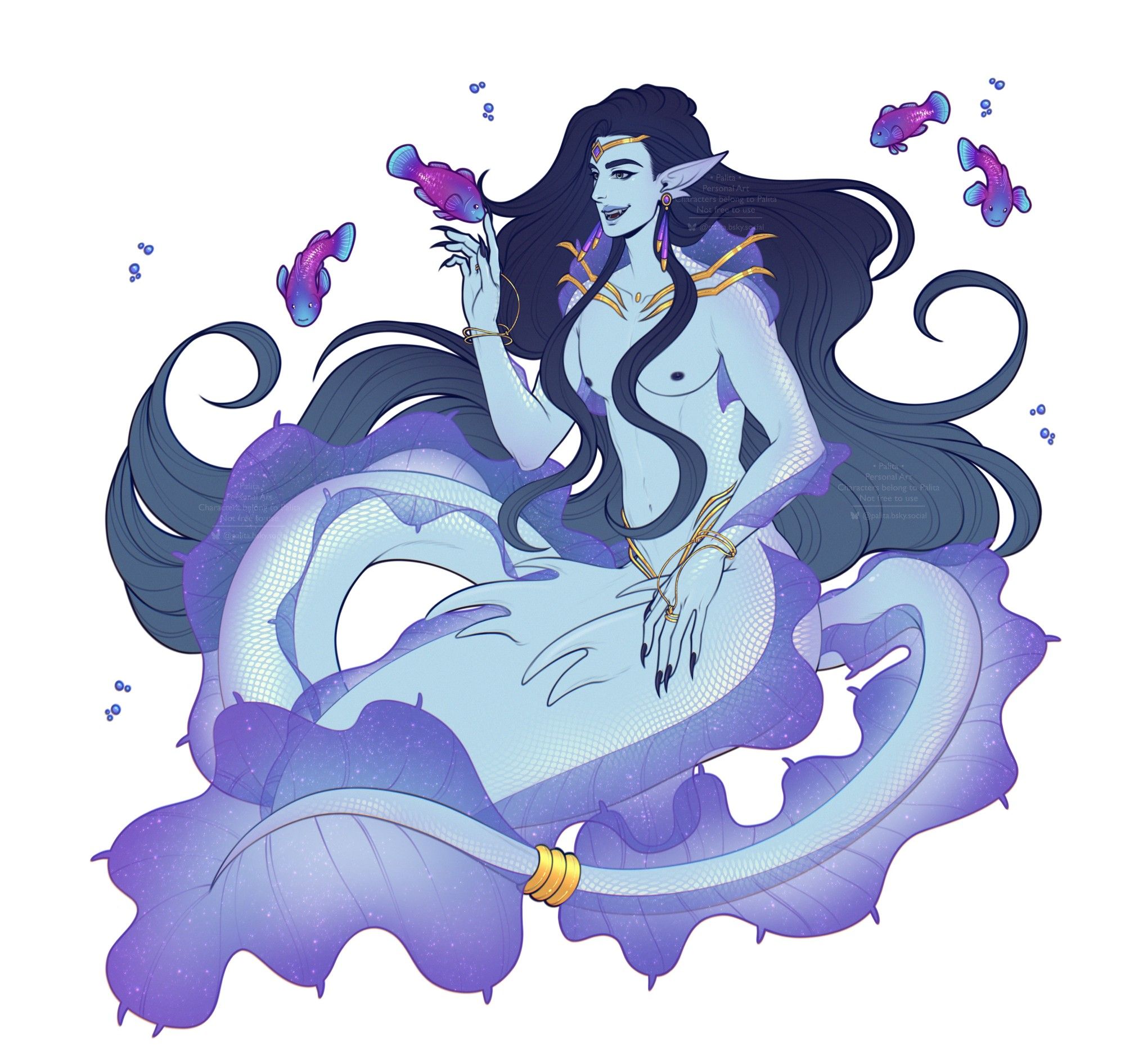 Digital halfbody piece of a blue skinned merman with long dark blue hair, it fades out at the end of the hair. He is smiling while booping the nose of a fish. He has lavender fins on his body and tail and wears golden jewelry. Around him are 3 more fishes and some bubbles.