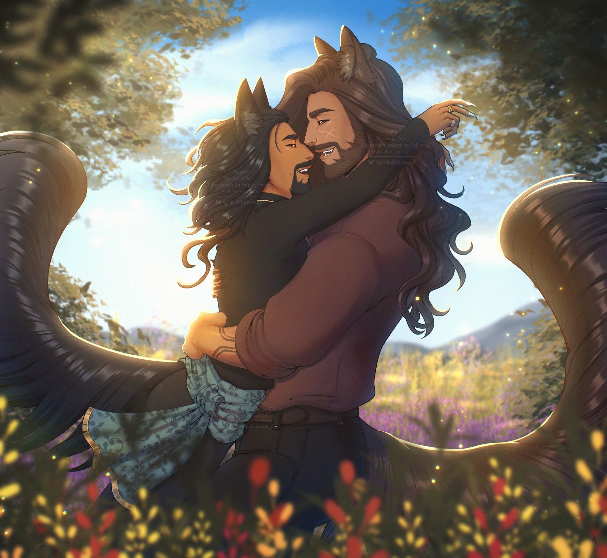 A digital half-body piece featuring two men. The left one has black hair and a goatie with fox ears and tail, the right one has long wavy brown hair, a full beard and wolf ears and a tail. The left man is jumping into the arms of the right man, both are smiling while their faces are close. The background is a flower field.