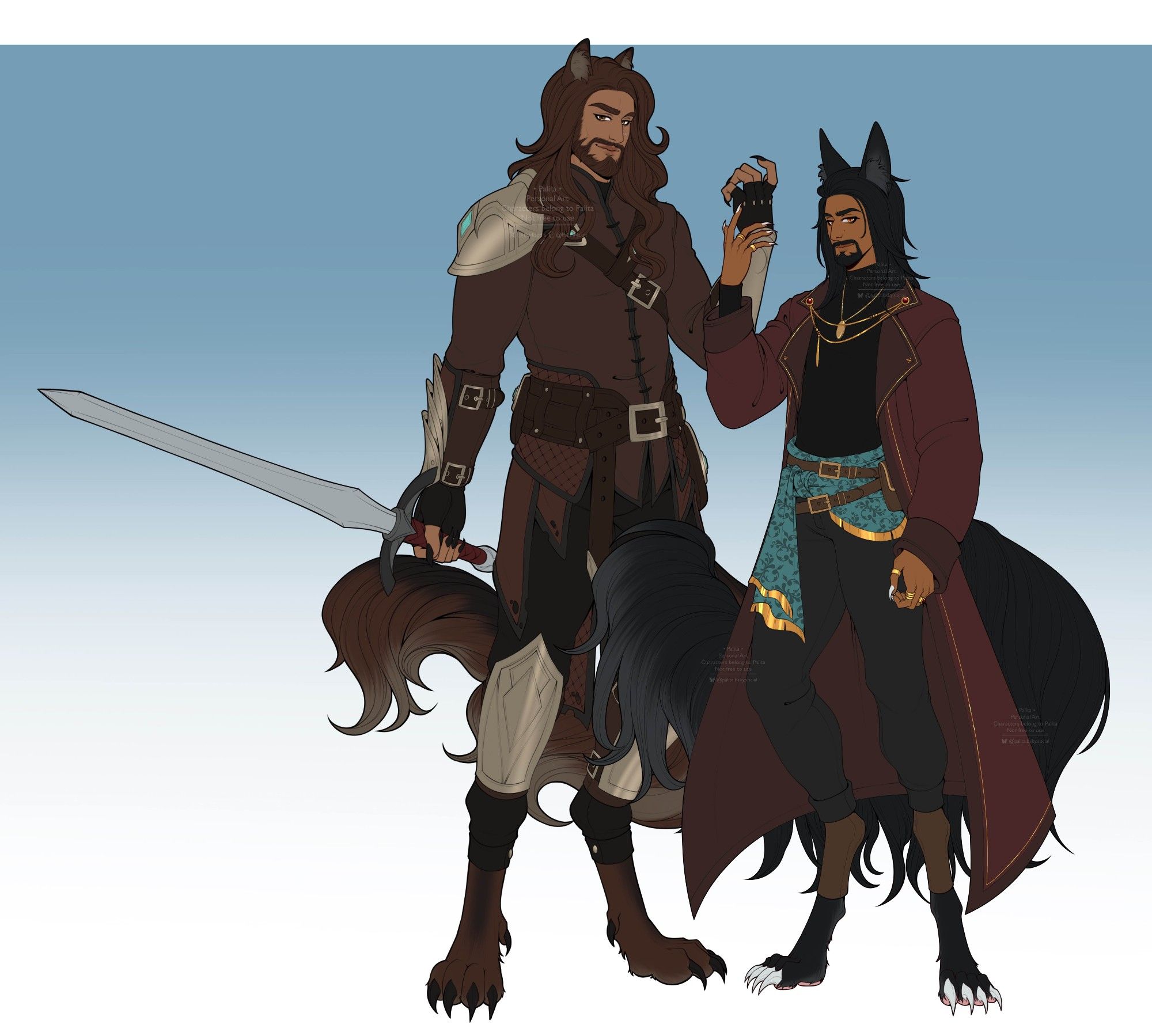 A digital fullbody of two men. The left one is one head taller then the right one. The left man has brown hair and a full beard,wolf ears, tail and paws. He smiles confidently while holding a sword. He wears a brown jacket and black pants. Around his hips are belts. The right man has black hair and a goatie beard, fox ears, tails and paw. The man wears a dark red coat and a black shirt, with grey pants and teal cloth draped around his his. Jewelry decorates the black haired man.