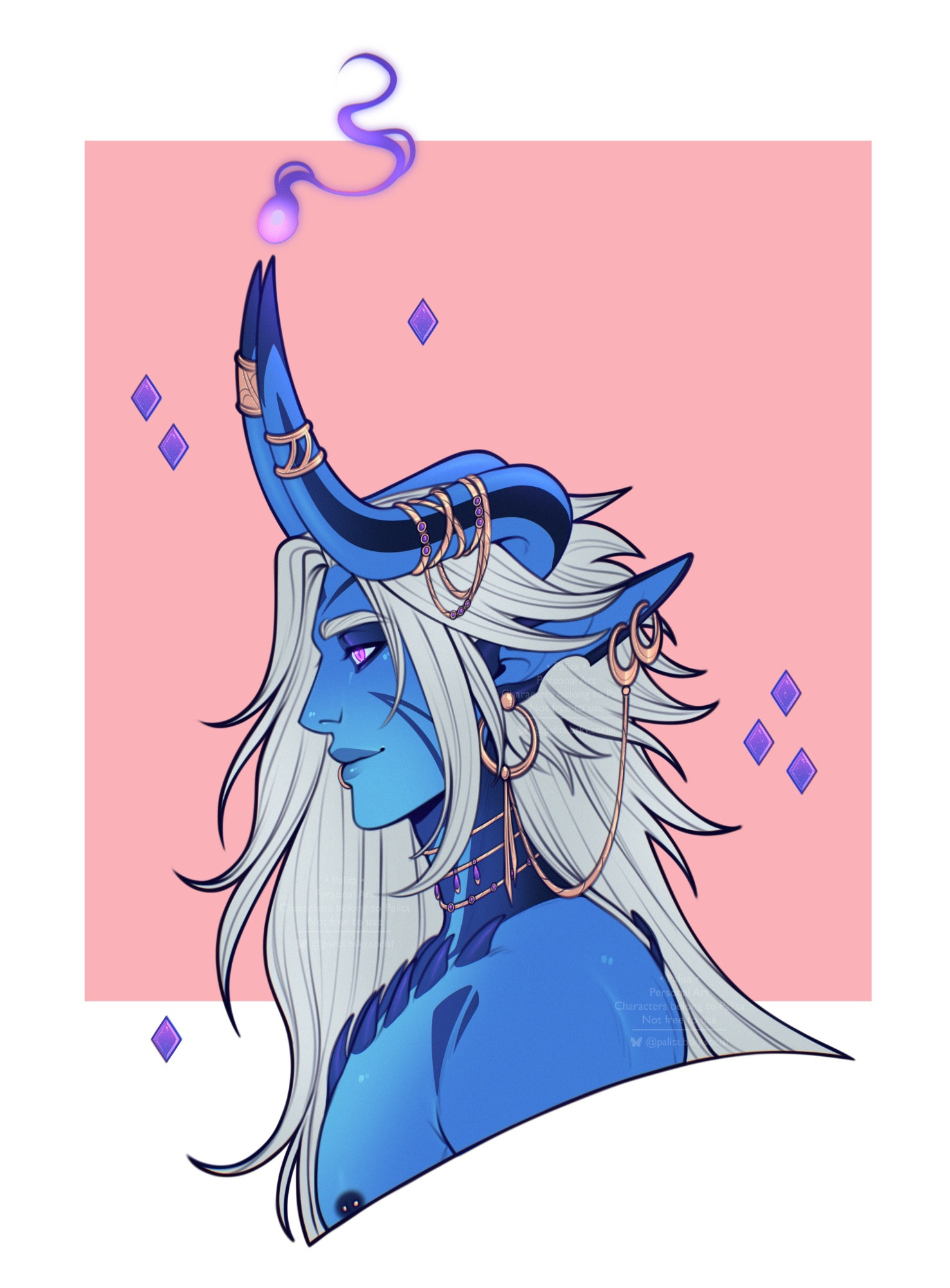 Digital flat colored bust of a blue skinned Incubus with silver hair. He looks to the left with a soft smile, his amethyst eyes fixated on someone out of view. He has horns that start of the back of his head, then curve forward and point up. His horns, ears and neck are decorated with rose gold jewelry. He has dark blue markings on his horns, face and chest. The chest also has spikes in a dark blue color. Between his horns is a purple flame. Around him are floating purple gems and there is a soft rose square background.