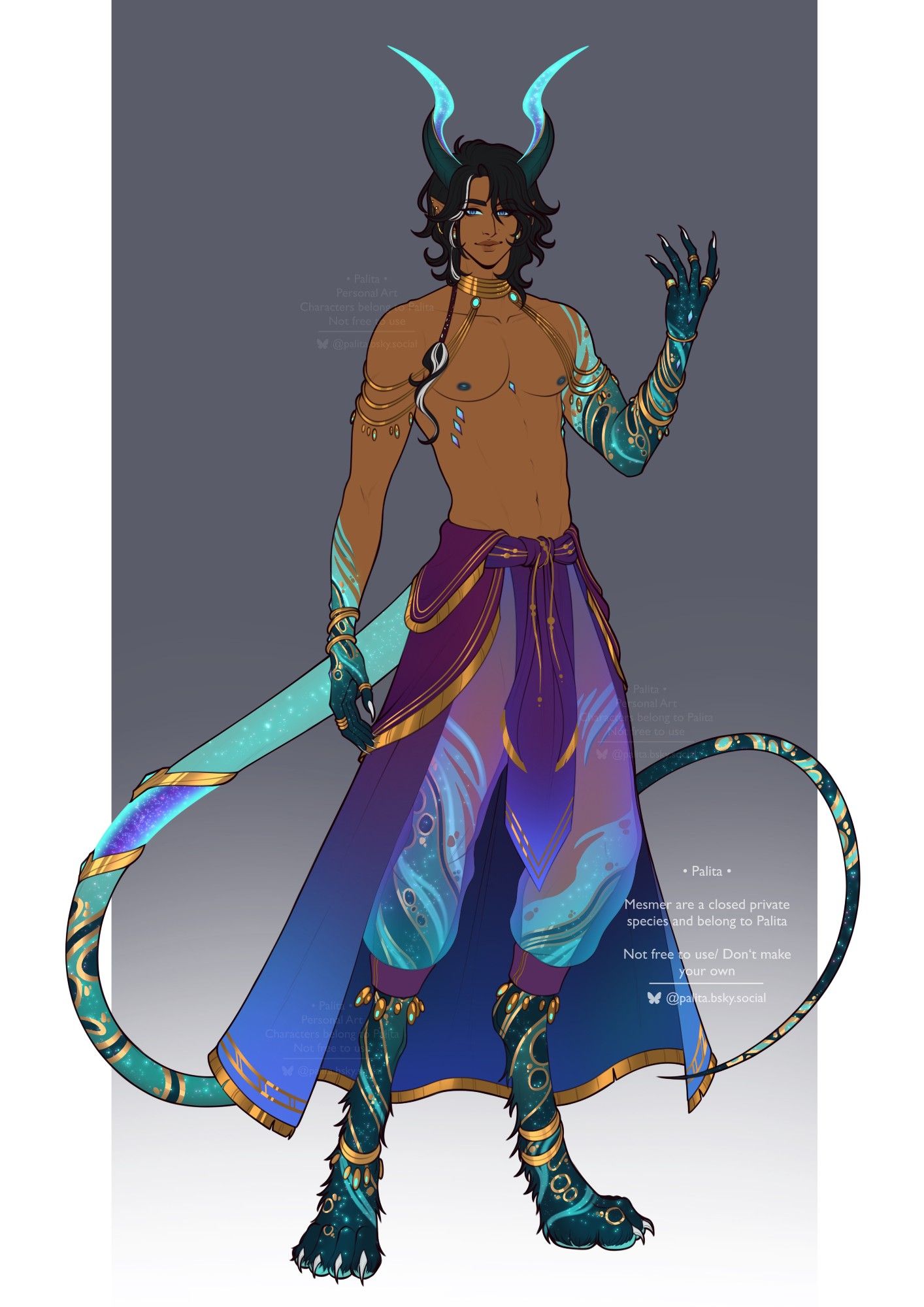 A digital full body piece of a olive-skinned man with short, wavy black hair. While his body is slightly turned away, he looks directly to his front. His horns, limbs, and tail are star-touched with asymmetrical turquoise patterns. On odd spots of his tail, arms, and legs, black and gold markings akin to a snow leopard show. His feline feet and humanoid hands are decorated in golden jewellery. He wears see-through purple pants with a sash that covers his privates.