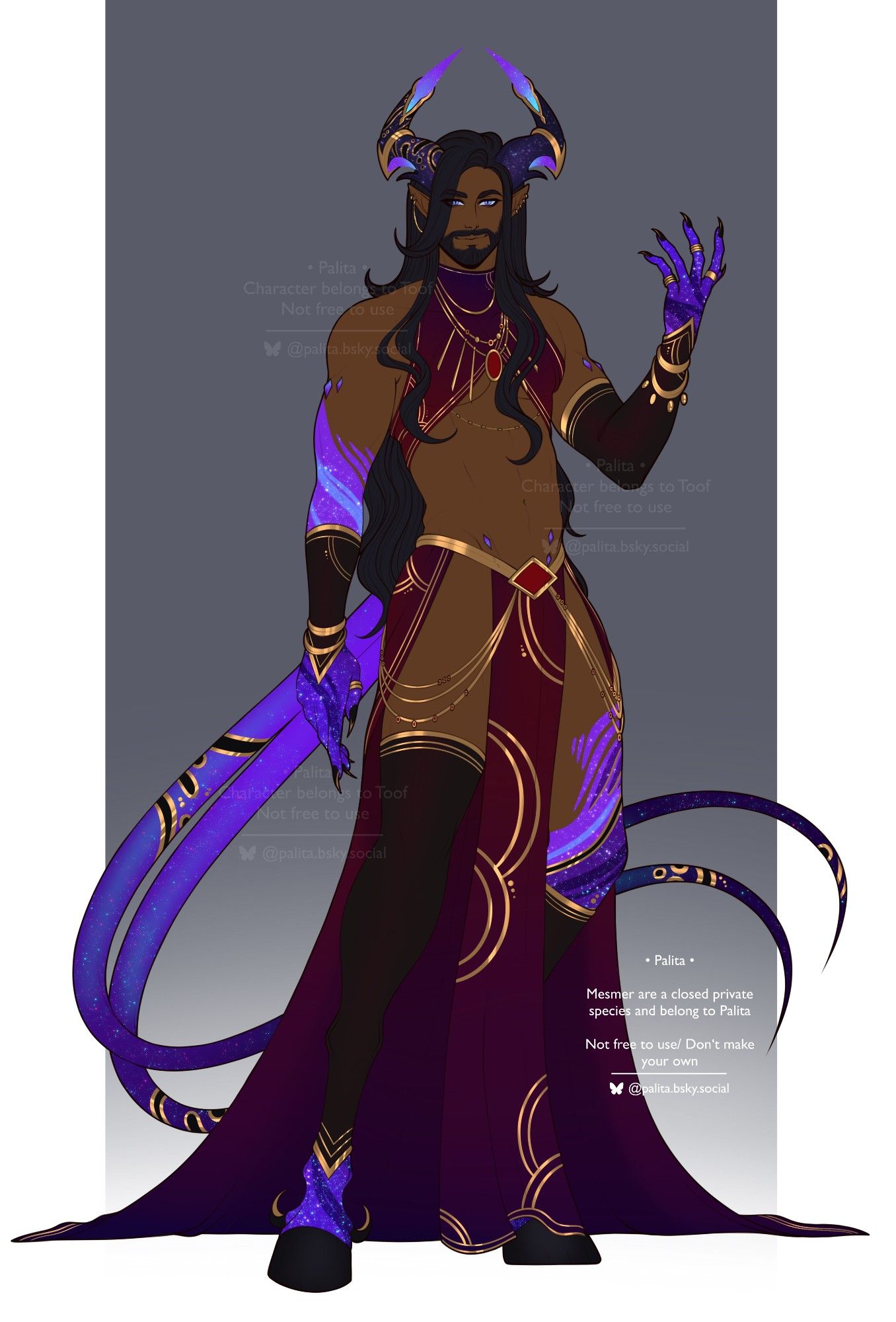 A digital full body piece of a dark-skinned man with long, wavy black hair and a full beard. While his body is slightly turned away, he looks directly to his front. His horns, limbs, and two tails are star-touched, twinkling on swirling purples. On odd spots of his tail and horns, black and gold markings akin to a snow leopard show. His hooves have golden-tipped dewclaws, like the nails on his hand. He wears brown, asymmetric gloves and stockings along with a maroon skirt that reveals his legs and a maroon top that only covers his chest. The clothing is decorated in golden circular patterns.